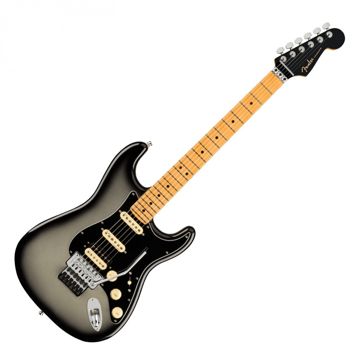 En bild på Fender American Ultra Luxe Stratocaster HSS FR MN Silverburst | Din väg till extremt hög prestanda. Fender American Ultra Luxe Stratocaster HSS är nästa steg i Fenders moderna design. Detta är Fenders mest avancerade gitarrserie så här långt. Absolut varje egenskap hos denna gitarr sjuder ut med ett förstklassigt ljud en fin känsla och perfekt prestanda ...   Ultra Noiseless Hot single-coil pickuperna och humbuckern ger denna Ultra Series Stratocaster HSS den skärpa och klarhet du alltid längtat efter och ännu mer mångsidighet för din ton. Den banbrytande Ultra "C" -formade lönnhalsen gör att du bekvämt och fritt kan spela varje riff utan att något håller dig tillbaka. Den släta greppbrädan i lönn och de rullade banden låter dig verkligen uppleva den högkvalitativa behandlingen. Det förstklassiga låsande Floyd Rose-svajstallet ger dig en chans att skapa vilda ljud och spela fritt vilket betyder att denna Ultra Luxe Strat HSS omfattar alla egenskaper som bidrog att ge Fender ett monumentalt rykte. Men den här gången är gitarren utrustad för modernt spelande.