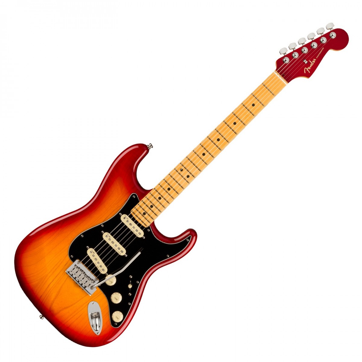 En bild på Fender American Ultra Luxe Stratocaster MN Plasma Burst | Din väg till extremt höga prestanda. Fender American Ultra Luxe Stratocaster MN är nästa steg i Fenders moderna design. Detta är Fenders mest avancerade gitarrserie så här långt. Absolut varje egenskap hos denna gitarr sjuder ut med ett förstklassigt ljud en fin känsla och perfekt prestanda ...   De tre Ultra Noiseless single-coil pickuperna ger denna Ultra Series Stratocaster den ikoniska vintage-ton du längtar efter med högsta klarhet. Den banbrytande Ultra "C" -formade lönnhalsen gör att du bekvämt och fritt kan spela varje riff utan att något håller dig tillbaka. Den släta greppbrädan i lönn och de rullade banden låter dig verkligen uppleva den högkvalitativa behandlingen. Det förstklassiga svajstallet ger dig en chans att skapa vilda ljud och spela fritt vilket betyder att denna Ultra Luxe Strat omfattar alla egenskaper som bidrog att ge Fender ett monumentalt rykte. Men den här gången är gitarren utrustad för modernt spelande.