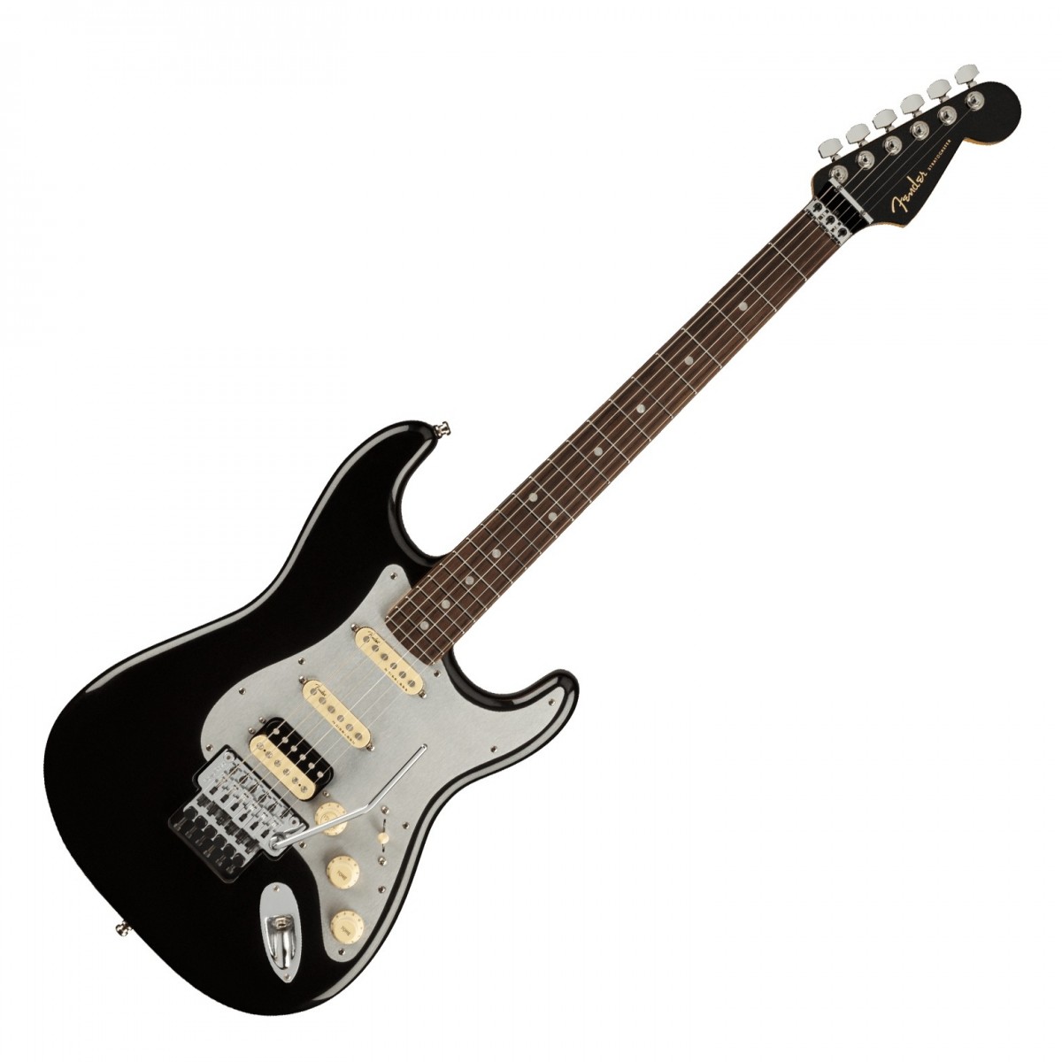 En bild på Fender American Ultra Luxe Stratocaster HSS FR RW MBK | Din väg till extremt hög prestanda. Fender American Ultra Luxe Stratocaster HSS är nästa steg i Fenders moderna design. Detta är Fenders mest avancerade gitarrserie så här långt. Absolut varje egenskap hos denna gitarr sjuder ut med ett förstklassigt ljud en fin känsla och perfekt prestanda ...   Ultra Noiseless Hot single-coil pickuperna och humbuckern ger denna Ultra Series Stratocaster HSS den skärpa och klarhet du alltid längtat efter och ännu mer mångsidighet för din ton. Den banbrytande Ultra "C" -formade lönnhalsen gör att du bekvämt och fritt kan spela varje riff utan att något håller dig tillbaka. Den släta greppbrädan i rosenträ och de rullade banden låter dig verkligen uppleva den högkvalitativa behandlingen. Det förstklassiga låsande Floyd Rose-svajstallet ger dig en chans att skapa vilda ljud och spela fritt vilket betyder att denna Ultra Luxe Strat HSS omfattar alla egenskaper som bidrog att ge Fender ett monumentalt rykte. Men den här gången är gitarren utrustad för modernt spelande.