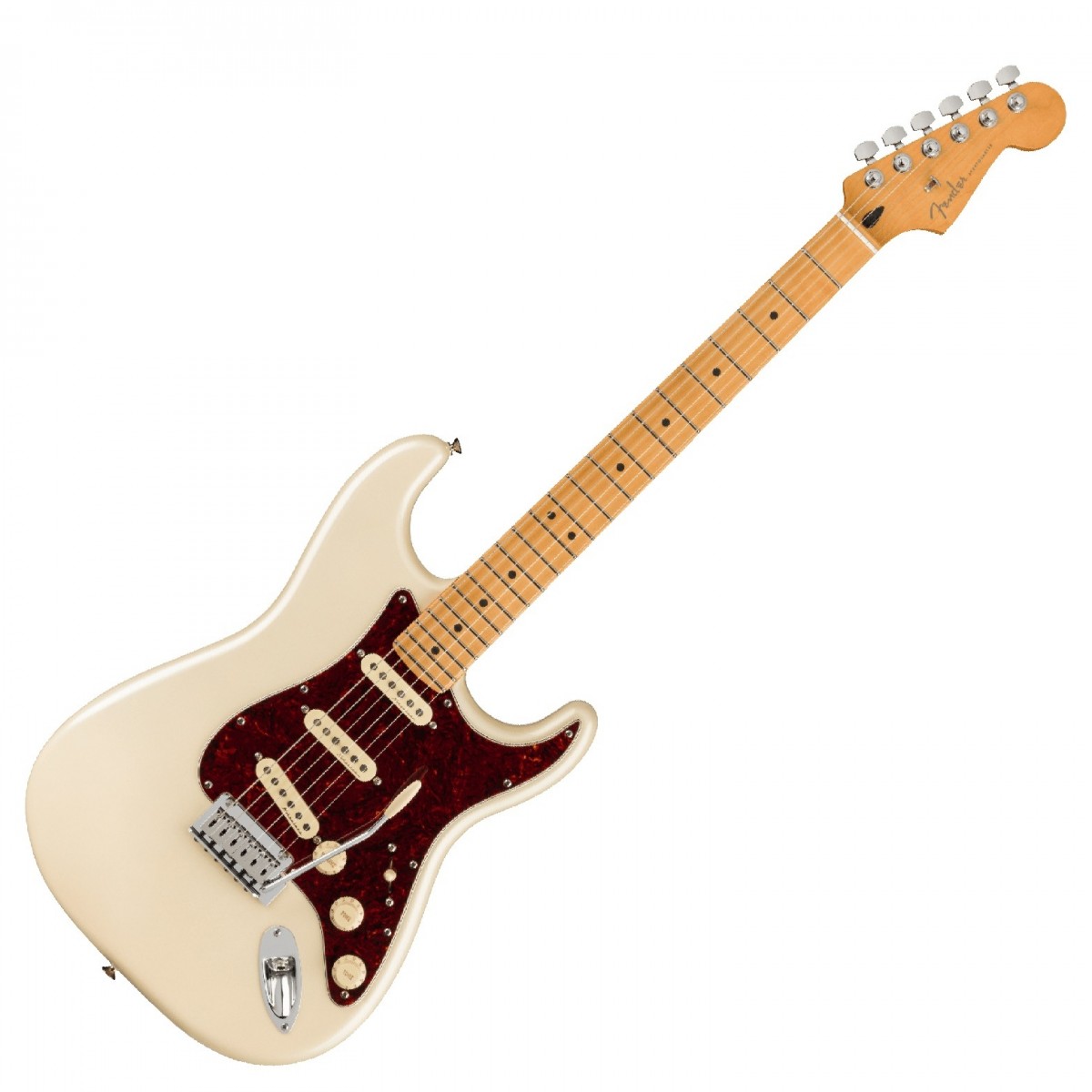 En bild på Fender Player Plus Stratocaster MN Olympic Pearl | Fender Player Plus Stratocaster MN kombinerar klassisk design med moderna egenskaper: Dessutom är denna snygga gitarr lätt att spela på och den har en exceptionell ton. Så detta är ett väldigt mångsidigt instrument. Den är byggd för gitarrister som inte vill vara begränsade. Gitarren omfattar tre Player Plus Noiseless Strat-mickar så att den ger ett anslagskänsligt starkt ljud och get ett perfekt gensvar enligt dina krav. Och gitarren kommer inte att ge något brus; bara en autentisk perfekt formad ton som kommer att skära genom mixen som ett rakblad.   Player Plus Stratocaster är vackert tillverkad av al och är det perfekta instrumentet för användning på scenen. Den ser otroligt fin ut men den erbjuder också en väldigt fin spelupplevelse eftersom du spela lätt och fritt på lönngreppbrädan och uppvisa alla dina fantastiska talanger. Och din hand kommer att flyta fritt och ledigt längs varje band på den expertformade moderna "C" -formade halsen. Den har även en sidenmatt finish för ännu bättre spelbarhet. Dessutom ingår en lyxig väska som gör det lätt att ta din gitarr med dig när du reser och behålla instrumentet i perfekt skick.