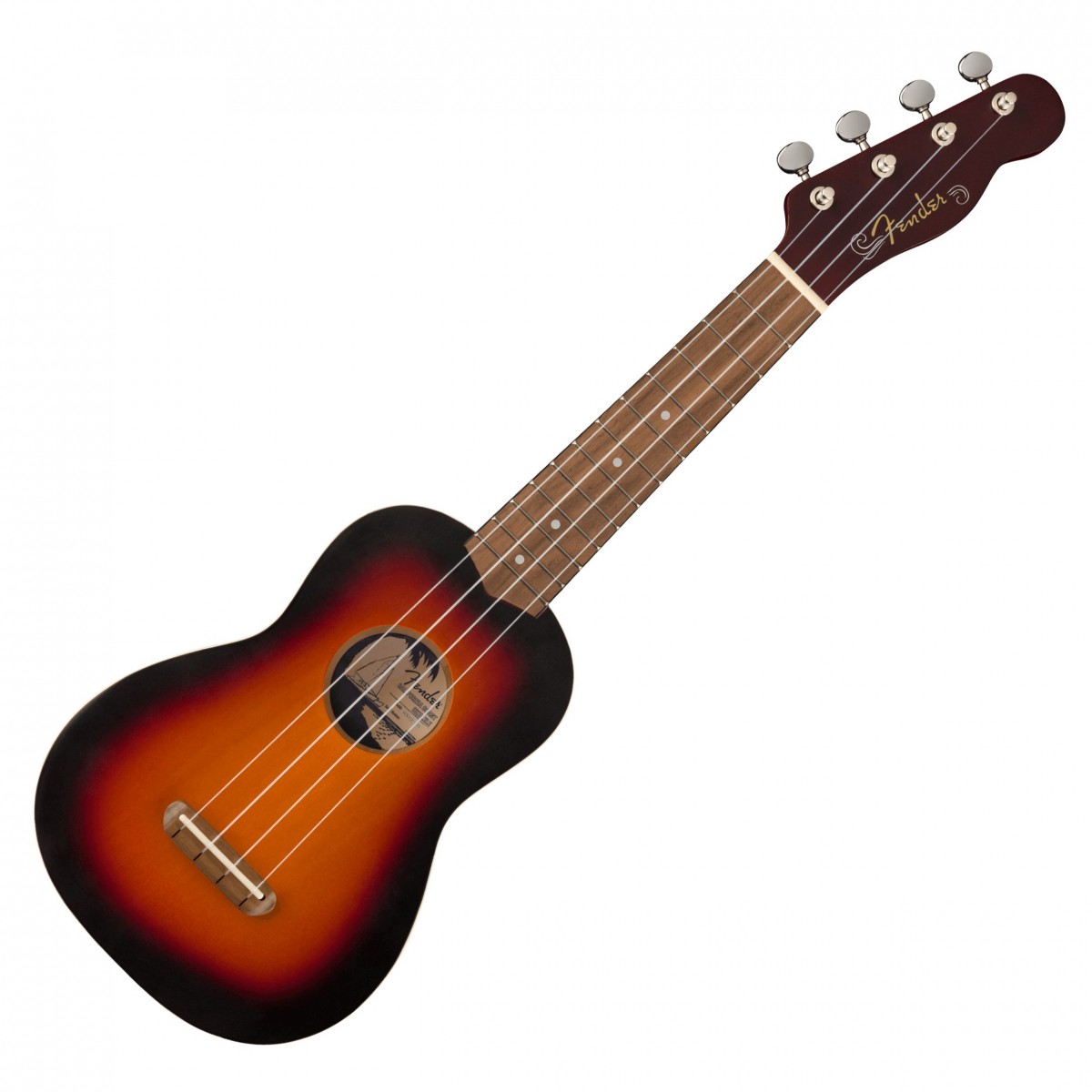 En bild på Fender Venice Soprano Ukulele 2-Color Sunburst | Fender Venice Soprano Ukulele ger en klassisk Fender-ton till ett prisvärt instrument som är byggt för att sprida glädje. Basträ- och valnöt kombineras för att leverera en komplex varierad palett av toner som kan ge sötma och värme till ditt spelande. Den är otroligt lätt att spela. Det beror på att den smala "C"-formade halsprofilen ger komfort medan du spelar - musiken kan flöda fritt från dina fingertoppar utan att du någonsin hålls tillbaka av handansträngning. Denna ukulele har ett gitarrhuvud i telecaster-stil vilket ger en touch av individualitet och stil.