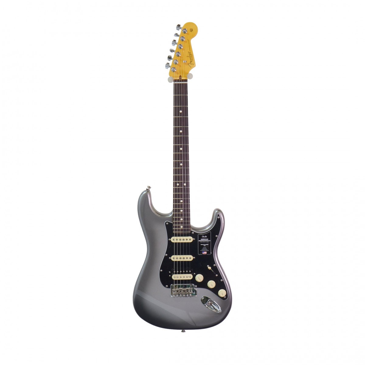 En bild på Fender American Professional II Stratocaster HSS RW Mercury - Ex Demo | Ex-demo Serienummer: US22012618 Detta instrument kan visa lätta tecken på användning. Den har kvalitetskontrollerats av vårt team av reparationstekniker för att säkerställa att den uppfyller en hög spelstandard. Eventuellt kampanjmaterial erbjudanden programvara eller prenumerationer som är tillgängliga när de köps som nya kanske inte är tillgängliga med denna Ex-Demo-produkt. Ikonisk. Det finns helt enkelt inget annat sätt att beskriva Strat. Den har blomstrat under årtionden av musik. Och det har blivit ett verkligt kraftpaket i en mängd olika stilar. Alla hyllar Strat eller hur? Så denna Fender American Pro II Stratocaster HSS RW är här av bara en anledning. Att fortsätta arvet. Ger dig all den omedelbart igenkännliga Fender känslan som sätter igång alla prestanda. Osande av klassisk karisma. Detta är en noggrant designad Stratocaster. Och varje steg har tagits för att säkerställa precision genomgående. Från V-Mod II-pickuperna till den populära djupa ''C''-formade halsprofilen har Fender finjusterat varje detalj för att säkerställa ren prestanda och tidlös Fender -charm. Förvänta dig den eleganta beroendeframkallande spelbarheten som Strat's är kända för samtidigt som de låter din persona komma till liv med en tvåpunktssynkroniserad stall. Det är dags att måla upp din kreativitet på en tidsdefinierande duk - Stratocaster .