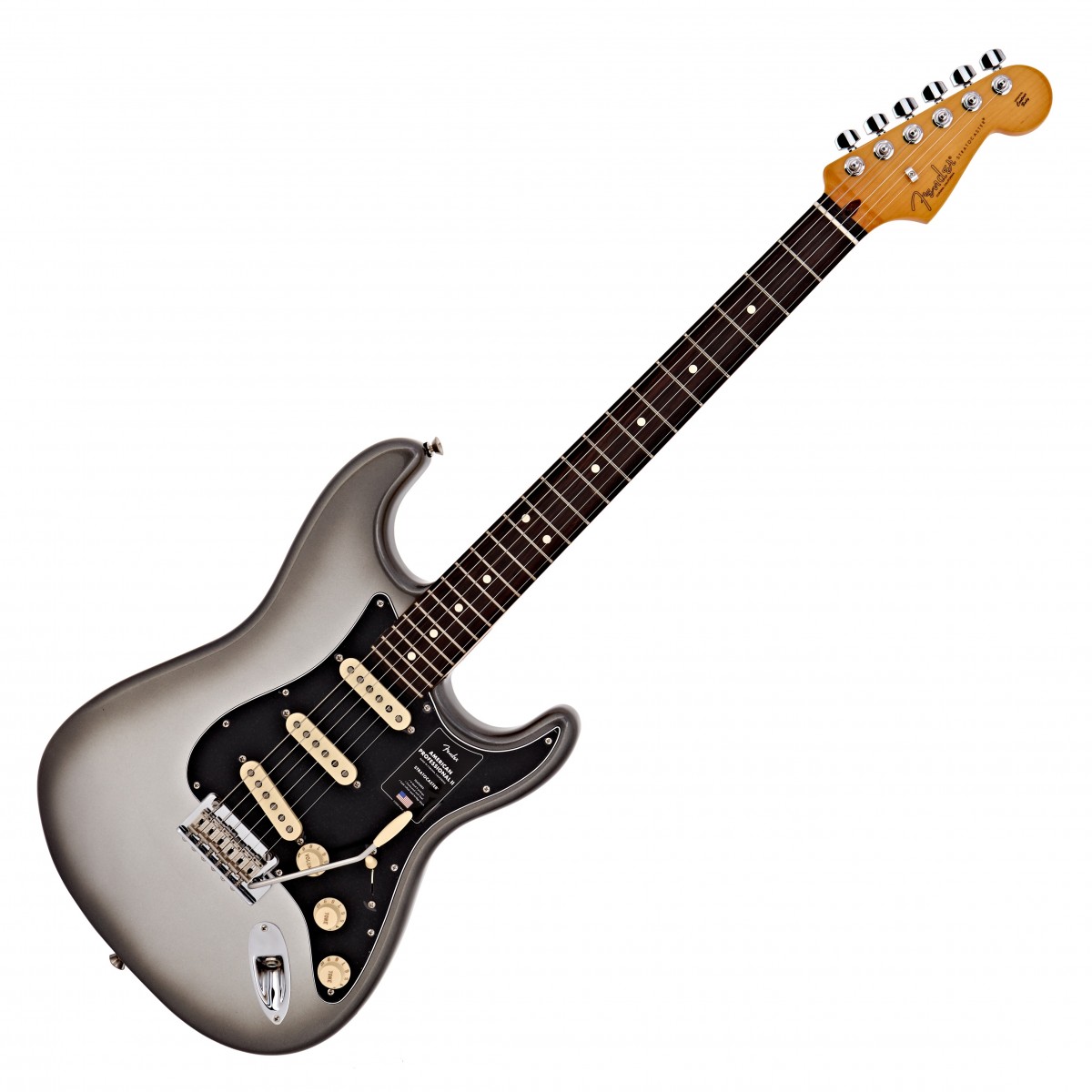 En bild på Fender American Pro II Stratocaster RW Mercury | Ikonisk. Det finns helt enkelt inget annat sätt att beskriva Strat. Den har frodats genom decennier av musik. Och den har blivit en riktig kraftstation i många olika stilar. Alla älskar Strat eller hur? Så denna Fender American Pro II Stratocaster är här av en enda anledning. För att fortsätta arvet. Ger dig all den omedelbart igenkännliga Fender känslan som tänder alla prestanda.   Utsöndrar klassisk karisma. Detta är en noggrant designad Stratocaster. Och varje steg har tagits för att säkerställa precision hela tiden. Från V-Mod II pickuperna till den populära djupa C-formade halsprofilen har Fender finjusterat varje detalj för att säkerställa ren prestanda och tidlös Fender charm. Förvänta dig den snygga beroendeframkallande spelbarheten Strats är kända för att låta din person komma till liv med ett tvåpunkts synkroniserat stall. Det är dags att måla din kreativitet på en era-definierande duk - Stratocaster. Ex-Demo: Denna produkt kan vara ex-display ha mindre tecken på användning eller lätta ytliga skråmor och sakna icke-nödvändiga delar. Originallåda paketering eller manual kanske inte ingår. Varje föremål kontrolleras av vårt team av reparationstekniker för att försäkra att det möter våra höga standarder. Detta är en fantastisk möjlighet att köpa en fullt fungerande produkt till ett nedsatt pris.