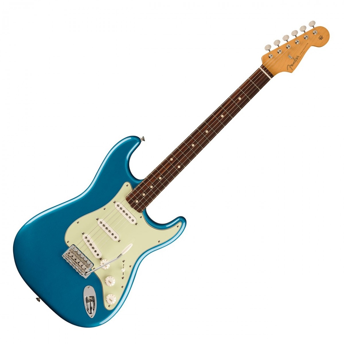 En bild på Fender Vintera II 60s Stratocaster RW Lake Placid Blue | Fender Vintera II 60s Stratocaster RW är en klassisk gitarr som förkroppsligar 1960-talets ikoniska stil och ljud. Kärnan i den här modellen är en trio pickuper i vintage-stil från mitten av 60-talet. Elektroniken kombineras för att fånga den tidlösa röst som gjorde Fender -instrumenten berömda - från krämiga bluestoner till gnistrande cleans. Med kontrollerna för volym ton och pickup-omkoppling kan du dessutom finjustera och anpassa ljudet för önskad prestanda. Instrumentet är tillverkat med en kropp av al och ger en balanserad och livlig harmonik med klara höga toner fylliga mellanregister och en robust bas. Med en "C"-formad hals från 60-talet har Vintera en smal profil vid Sadeln och blir gradvis tjockare mot det 12:e bandet vilket ger en naturlig och inbjudande spelupplevelse. Gitarren har också ett synkroniserat tremolo i vintagestil med böjda stålsadlar som ger exakt intonation enkel justering och möjlighet att producera uttrycksfulla vibratoljud. Fånga 1960-talets anda på ett enkelt sätt.
