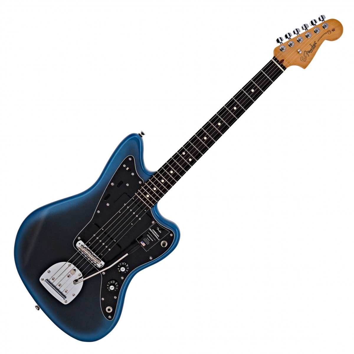 En bild på Fender American Pro II Jazzmaster RW Dark Night | Sätter en ny standard i stil och prestanda. Fender American Pro II Jazzmaster är en fantastisk gitarr som tar dig med på en musikalisk resa som ingen annan. Med ljusa gnistrande kraftfulla V-Mod II enkelspoliga pickuper levererar den den ikoniska Fender twangen i kombination med modern dynamik och ljudkontroll. Den framstående uppsättningen av Jazzmaster-omkopplare gör att du kan forma din pickupton som aldrig tidigare - det är dags att jazza upp dina riff.   Byggd för professionellt spelande. Denna gitarr kan hantera vad som helst med en mjuk djup C Sidenmatt uretan-finishlönnhals som möjliggör sömlösa bandövergångar och oöverträffad manövrerbarhet. Tillägget av ett Panorama tremolo-system i världsklass ger dig också möjlighet att lägga till lite kryddig vibrato i dina riff. Om en sak är säker är det att Fender har skapat ännu ett mästerverk. Ex-Demo: Denna produkt kan vara ex-display ha mindre tecken på användning eller lätta ytliga skråmor och sakna icke-nödvändiga delar. Originallåda paketering eller manual kanske inte ingår. Varje föremål kontrolleras av vårt team av reparationstekniker för att försäkra att det möter våra höga standarder. Detta är en fantastisk möjlighet att köpa en fullt fungerande produkt till ett nedsatt pris.