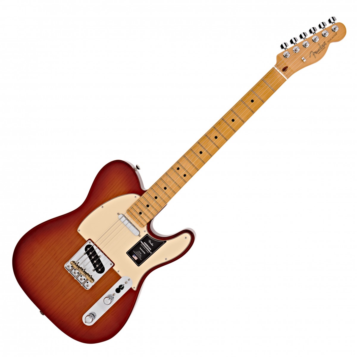 En bild på Fender American Pro II Telecaster MN Sienna Sunburst | Om stil och prestanda hade ett barn så vore Fender American Pro II Telecaster deras moderna mästerverk . Gitarrens omfattar de allra bästa Fender-komponenter och hantverk. Två V-Mod II Single coil pickuper levererar det klara tajta morrande ljudet som Telecasters är berömda för - med modern artikulation och definition.   Dessutom har gitarren en fantastisk Deep C-lönnhals som låter dig spela hur uttrycksfullt som helst - den känns fantastisk att spela på. Stallet är ett av Fenders mest flexibla hittils och erbjuder full justerbarhet för spänning och ton för verkligt enastående ljudliga resultat. Byggd enligt en professionell standard i USA: gitarren har verkligen förtjänat att kallas - "the American Pro II". Ex-Demo: Denna produkt kan vara ex-display ha mindre tecken på användning eller lätta ytliga skråmor och sakna icke-nödvändiga delar. Originallåda paketering eller manual kanske inte ingår. Varje föremål kontrolleras av vårt team av reparationstekniker för att försäkra att det möter våra höga standarder. Detta är en fantastisk möjlighet att köpa en fullt fungerande produkt till ett nedsatt pris.