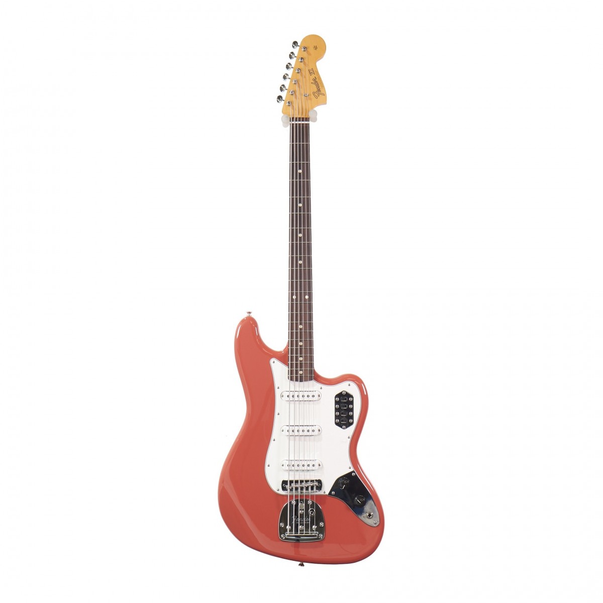 En bild på Fender Vintera II 60s Bass VI RW Fiesta Red - Ex Demo | Ex-Demo Serienummer: MX23117329 Detta instrument kan visa lätta tecken på användning. Det har kvalitetskontrollerats av vårt team av reparationstekniker för att säkerställa att det uppfyller en hög spelstandard.  Kampanjmaterial erbjudanden programvara eller prenumerationer som är tillgängliga när instrumentet köps som nytt kanske inte är tillgängliga med denna Ex-Demo produkt. Fender Vintera II 60s Bass VI RW är en elgitarr designad för att ge dig en exceptionell spelupplevelse. Gitarren är tillverkad med precision och känsla för detaljer och är perfekt för musiker som söker ett mångsidigt instrument som kan hantera en rad olika musikstilar. Gitarren är utrustad med Bass VI enstaka-coil pickuper i vintagestil och ger ett fylligt och autentiskt ljud. Master-volym- och tonkontrollerna tillsammans med de tre on/off-brytarna för pickuperna och low-cut-brytaren ger dig ett brett utbud av tonalternativ att utforska. Med en kropp av al och en Bass VI-form ger den här gitarren en solid och bekväm känsla medan den glansiga polyesterfinishen ger utseendet en touch av elegans. Med ett 4-saddelars vintage-style-stall med gängade stålsadlar garanterar Vintera II utmärkt intonation och sustain. Den har också en lönnhals med en C-form från mitten av 60-talet som ger ett bekvämt grepp. Dessutom kan stämstången i vintage-stil enkelt justeras för att passa dina preferenser. Den här gitarren kommer att inspirera dig till att skapa musik som verkligen når fram till din publik.