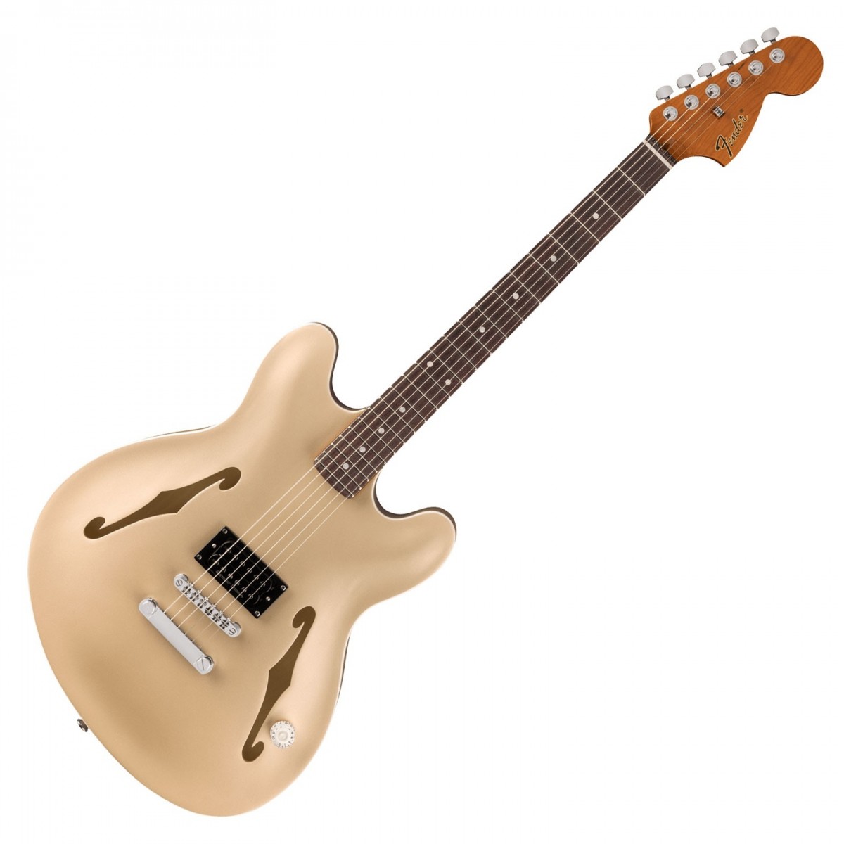 En bild på Fender Tom DeLonge Starcaster RW Satin Shoreline Gold | Fender Tom DeLonge Starcaster är en anmärkningsvärd gitarr tillverkad i samarbete med Blink-182-gitarristen Tom DeLonge. Den är skräddarsydd för musiker som vill ha en blandning av modern spelbarhet och klassisk ton och är idealisk för spelare som uppskattar en mångsidig gitarr som kan leverera både kraftfulla och artikulerade ljud.  Kärnan är Seymour Duncan SH-5 Duncan Custom humbucker som ger en turboladdad ton perfekt för power-ackord och crunchiga riff samtidigt som den behåller klarheten för renare passager. Den innovativa treble bleed-kretsen på mastervolymkontrollen ser till att ditt högslut förblir krispigt även när du sänker volymen.  Den moderna C-halsen i rostad lönn ger exceptionell komfort och spelbarhet och passar för en mängd olika spelstilar medan gitarrens halvhålkropp med mittblock kombinerar resonant ton med förbättrad attack och artikulation. Den specialdesignade Tom DeLonge-halsplattan bidrar till gitarrens unika karaktär och är en blinkning till dess exklusiva härkomst. För fans av Blink-182 eller gitarrister som söker ett distinkt mångsidigt instrument är Tom DeLonge Starcaster ett exceptionellt val som kombinerar punkrockens känsla med finessen i modernt gitarrhantverk.