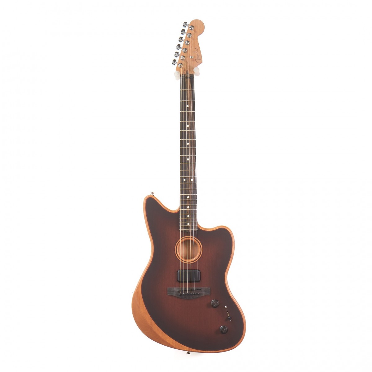 En bild på Fender American Acoustasonic Jazzmaster Hel-Mahogny Bourbon Burst | Fender American Acoustasonic Jazzmaster är den senaste inkarnationen av en modern legend. Den revolutionerande Acoustasonic serien kombinerar akustisk ton och flexibilitet med den ostoppbara spelbarheten hos dina favorit Fender elektriska modeller. Nu kan du lägga till Jazzmasterns omisskännliga förskjutna siluett till den listan. Dess moderna djupa C-hals i mahogny är prydd med en snygg elegant greppbräda i ebenholts och låter fingrarna dansa över banden på ett sätt som är nästan omöjligt på en konventionell akustik.  Den inbyggda Fender och Fishman-designade akustiska engine använder en unik kombination av tre separata pickuper för att ge en mängd önskvärda toner som påminner om Dreadnought akustik till klassisk Jazzmaster-twang. Den sakkunnigt utformade kroppen har Fender patentsökta Stringed Instrument Resonance System som får maximal akustisk projektion ur denna bekväma tunna mahognykropp. Acoustasonic Jazzmaster öppnar dörren för elgitarrister som kommer in i en värld av akustisk musik – och vice versa. Ex-Demo: Denna produkt kan vara ex-display ha mindre tecken på användning eller lätta ytliga skråmor och sakna icke-nödvändiga delar. Originallåda paketering eller manual kanske inte ingår. Varje föremål kontrolleras av vårt team av reparationstekniker för att försäkra att det möter våra höga standarder. Detta är en fantastisk möjlighet att köpa en fullt fungerande produkt till ett nedsatt pris.