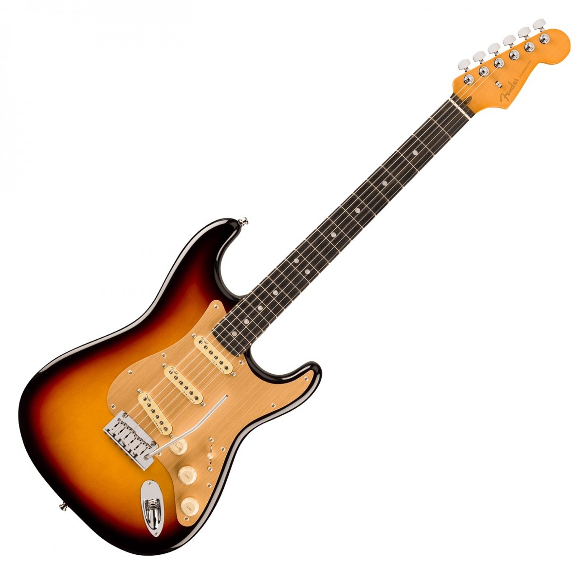 En bild på Fender American Ultra II Stratocaster EB Ultraburst | Fender American Ultra II Stratocaster EB är ett toppinstrument som är utformat för spelare som kräver oöverträffad ton och spelbarhet. Med en kropp i utvald al med skulpterade konturer och en hals i kvartssågad lönn erbjuder denna gitarr exceptionell stabilitet och resonans. Greppbrädan från Ebenholts med en 10"-14" radie ger mjuka övergångar från ackord till solon medan Luminlay sidopunkter ger utmärkt synlighet på mörka scener. Utrustad med Ultra II Noiseless Vintage Strat-pickuper levererar denna Stratocaster den klassiska Fender -ton utan brum. S-1-omkopplaren ger ännu mer mångsidighet och möjliggör en rad olika pickupkonfigurationer. Med sin avancerade elektronik förstklassiga hårdvara och ergonomiska design är American Ultra II Stratocaster EB byggd för att uppfylla kraven vid alla framträdanden.