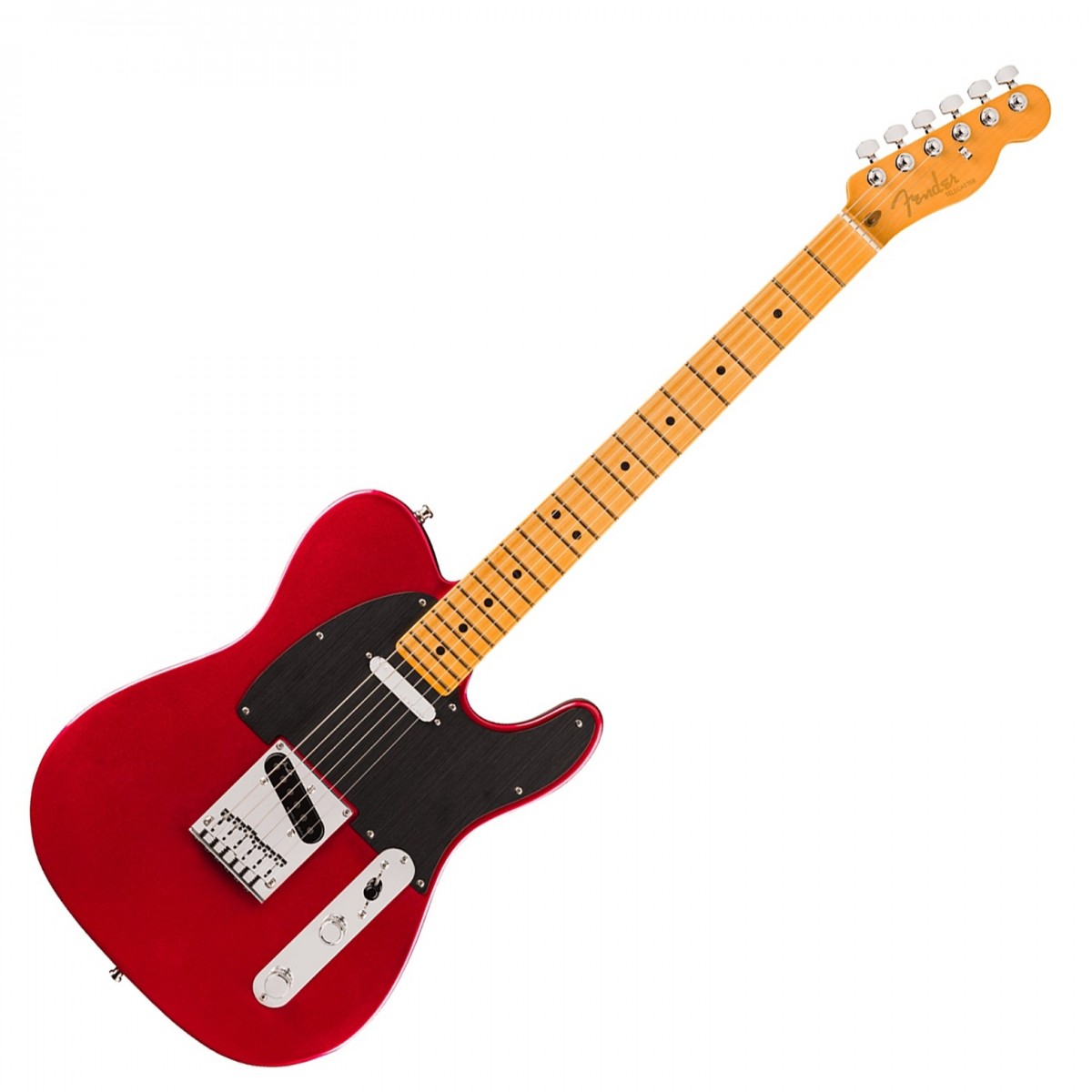 En bild på Fender American Ultra II Telecaster MN Sinister Red | Fender American Ultra II Telecaster MN är byggd för gitarrister som kräver mångsidiga toner och förstklassig spelbarhet. Kroppen i utvald al har skulpterade konturer för komfort och en balanserad vikt. Den moderna D-profilhalsen är tillverkad av kvartsågad lönn som ger ett jämnt och stabilt spel med en slät Ultra Sidenmatt-finish som dina händer glider bekvämt över. Halsen är avrundad med en greppbräda i lönn med compound radius och mjukt rullade kanter för spelbarhet och har även självlysande Luminlay-prickar på sidorna som gör det otroligt enkelt att hålla reda på din position på greppbrädan även på mörka scener.  Ultra II Noiseless Vintage Tele-pickuperna ger ett brett utbud av brumfria toner från söta cleans till grova growls. S-1-omkopplaren låser upp ytterligare tonkonfigurationer t.ex. seriekoppling av pickuperna för ännu större variation. Med en 6-sadlad string-through-body-stall och lyxiga låsta stämskruvar ger denna Telecaster överlägsen stämningsstabilitet och exakt intonation vilket gör den idealisk för professionella framträdanden. American Ultra II Telecaster har premiummaterial avancerade utsmyckningar och lägger till banbrytande moderna funktioner till en av Fender:s äldsta originalgitarrdesigner.