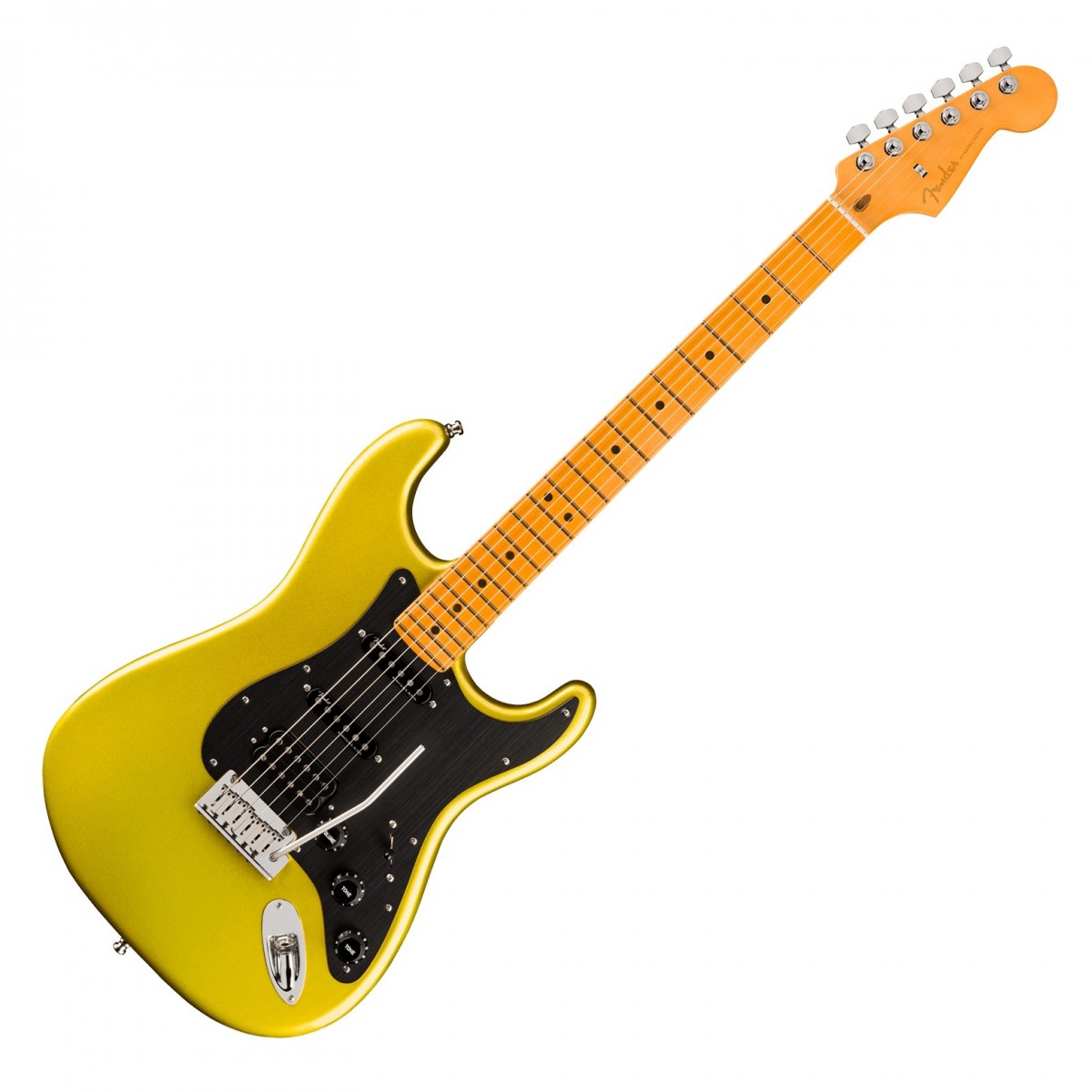 En bild på Fender American Ultra II Stratocaster HSS MN Solar Flare | Fender American Ultra II Stratocaster HSS MN är en toppmodern gitarr byggd för spelare som söker den bästa prestanda som Fender kan erbjuda. Med en kropp i utvald al skulpterade konturer och en hals i kvartssågad lönn erbjuder denna gitarr den typ av överlägsen spelbarhet och stabilitet som efterfrågas av proffs. Greppbrädan i lönn med 10"-14" radie ger mjuka övergångar mellan ackord och solon medan Luminlay-prickar på sidorna ger bättre synlighet i svagt ljus. De Ultra-valsade kanterna och Sidenmattfinishen på halsen gör det enkelt att spela längre stunder medan en helt ny hals i kvartssågad lönn ger stabilitet när instrumentet åldras.  Utrustad med Ultra II Noiseless Hot Strat-pickuper och en kraftfull Haymaker humbucker levererar den här gitarren ett dynamiskt utbud av toner från krispiga cleans till brännande leads allt utan oönskat brum. S-1-omkopplaren ger ytterligare mångsidighet genom att dela humbucker vilket utökar din tonala palett. Utrustad med en 2-punkts American Ultra synkroniserad tremolo med polerade rostfria stålblocksadlar och ett nytt kallvalsat stålblock kommer du att njuta av oändlig sustain på dina vibratos och whammy action. Denna Stratocaster är byggd för de mest krävande framträdanden och toppas med låsta stämskruvar med kort stolpe och ett gjutet deluxe-fodral.