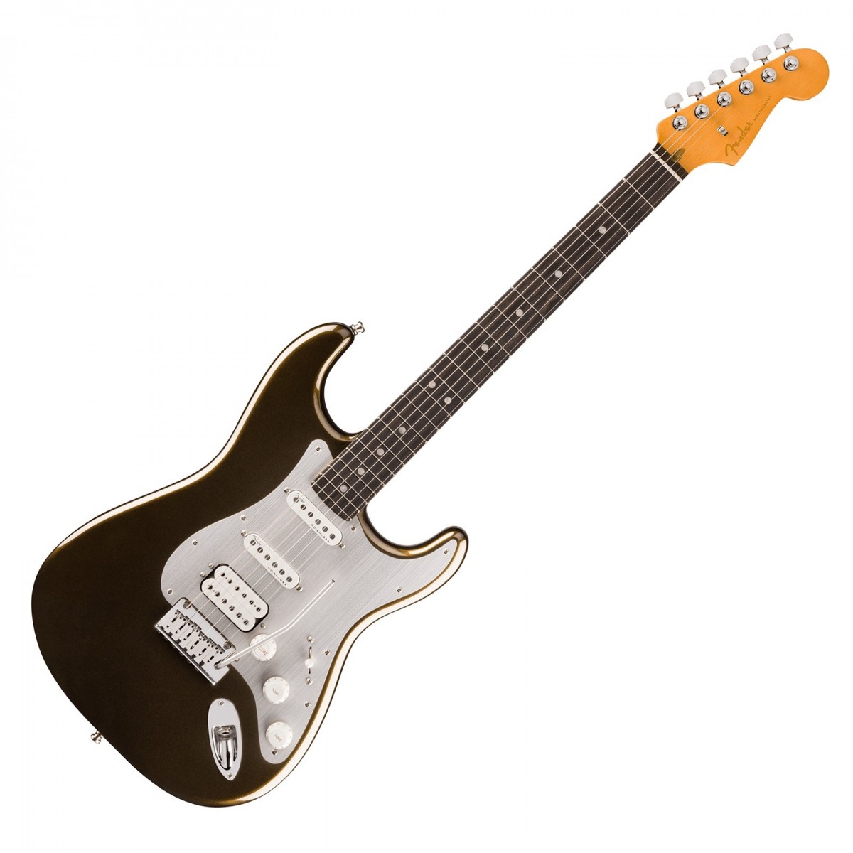 En bild på Fender American Ultra II Stratocaster HSS EB Texas Tea | Fender American Ultra II Stratocaster HSS EB är en toppmodern gitarr byggd för spelare som söker den bästa prestanda som Fender kan erbjuda. Med en kropp i utvald al skulpterade konturer och en hals i kvartssågad lönn erbjuder den här gitarren den typ av överlägsen spelbarhet och stabilitet som efterfrågas av proffs. Greppbrädan Ebenholts med 10"-14" compound radius ger mjuka övergångar mellan ackord och solon medan Luminlay sidopunkter ger bättre synlighet i miljöer med svagt ljus. De Ultra-rullade kanterna och Sidenmattfinishen på halsen gör det enkelt att spela längre stunder medan en helt ny hals i kvartssågad lönn garanterar stabilitet när instrumentet åldras. Utrustad med Ultra II Noiseless Hot Strat-pickuper och en kraftfull Haymaker humbucker levererar den här gitarren ett dynamiskt utbud av toner från krispiga cleans till brännande leads allt utan oönskat brum. S-1-omkopplaren ger ytterligare mångsidighet genom att dela humbucker vilket utökar din tonala palett. Utrustad med en 2-punkts American Ultra synkroniserad tremolo med polerade rostfria stålblocksadlar och ett nytt kallvalsat stålblock kommer du att njuta av oändlig sustain på dina vibratos och whammy action. Denna Stratocaster är byggd för de mest krävande framträdanden och toppas med låsta stämskruvar med kort stolpe och ett gjutet deluxe-fodral.