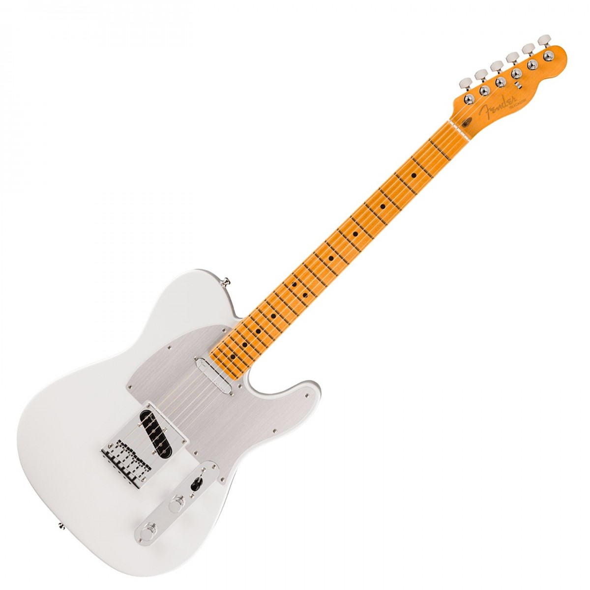 En bild på Fender American Ultra II Telecaster MN Avalanche | Fender American Ultra II Telecaster MN är byggd för gitarrister som kräver mångsidiga toner och förstklassig spelbarhet. Kroppen i utvald al har skulpterade konturer för komfort och en balanserad vikt. Den moderna D-profilhalsen är tillverkad av kvartsågad lönn som ger ett jämnt och stabilt spel med en slät Ultra Sidenmatt-finish som dina händer glider bekvämt över. Halsen är avrundad med en greppbräda i lönn med compound radius och mjukt rullade kanter för spelbarhet och har även självlysande Luminlay-prickar på sidorna som gör det otroligt enkelt att hålla reda på din position på greppbrädan även på mörka scener.  Ultra II Noiseless Vintage Tele-pickuperna ger ett brett utbud av brumfria toner från söta cleans till grova growls. S-1-omkopplaren låser upp ytterligare tonkonfigurationer t.ex. seriekoppling av pickuperna för ännu större variation. Med en 6-sadlad string-through-body-stall och deluxe låsta stämskruvar ger denna Telecaster överlägsen stämningsstabilitet och exakt intonation vilket gör den idealisk för professionella framträdanden. American Ultra II Telecaster har premiummaterial avancerade utsmyckningar och lägger till banbrytande moderna funktioner till en av Fender:s äldsta originalgitarrdesigner.