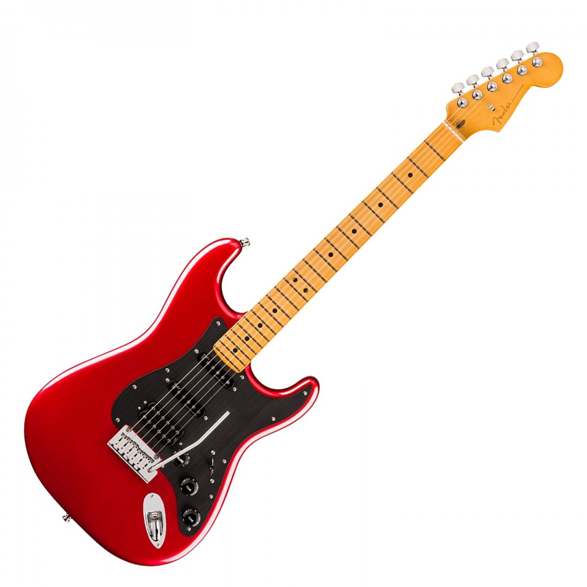 En bild på Fender American Ultra II Stratocaster HSS MN Sinister Red | Fender American Ultra II Stratocaster HSS MN är en toppmodern gitarr byggd för spelare som söker den bästa prestanda som Fender kan erbjuda. Med en kropp i utvald al skulpterade konturer och en hals i kvartssågad lönn erbjuder denna gitarr den typ av överlägsen spelbarhet och stabilitet som efterfrågas av proffs. Greppbrädan i lönn med 10"-14" radie ger mjuka övergångar mellan ackord och solon medan Luminlay-prickar på sidorna ger bättre synlighet i svagt ljus. De Ultra-valsade kanterna och Sidenmattfinishen på halsen gör det enkelt att spela längre stunder medan en helt ny hals i kvartssågad lönn ger stabilitet när instrumentet åldras.  Utrustad med Ultra II Noiseless Hot Strat-pickuper och en kraftfull Haymaker humbucker levererar den här gitarren ett dynamiskt utbud av toner från krispiga cleans till brännande leads allt utan oönskat brum. S-1-omkopplaren ger ytterligare mångsidighet genom att dela humbucker vilket utökar din tonala palett. Utrustad med en 2-punkts American Ultra synkroniserad tremolo med polerade rostfria stålblocksadlar och ett nytt kallvalsat stålblock kommer du att njuta av oändlig sustain på dina vibratos och whammy action. Denna Stratocaster är byggd för de mest krävande framträdanden och toppas med låsta stämskruvar med kort stolpe och ett gjutet deluxe-fodral.