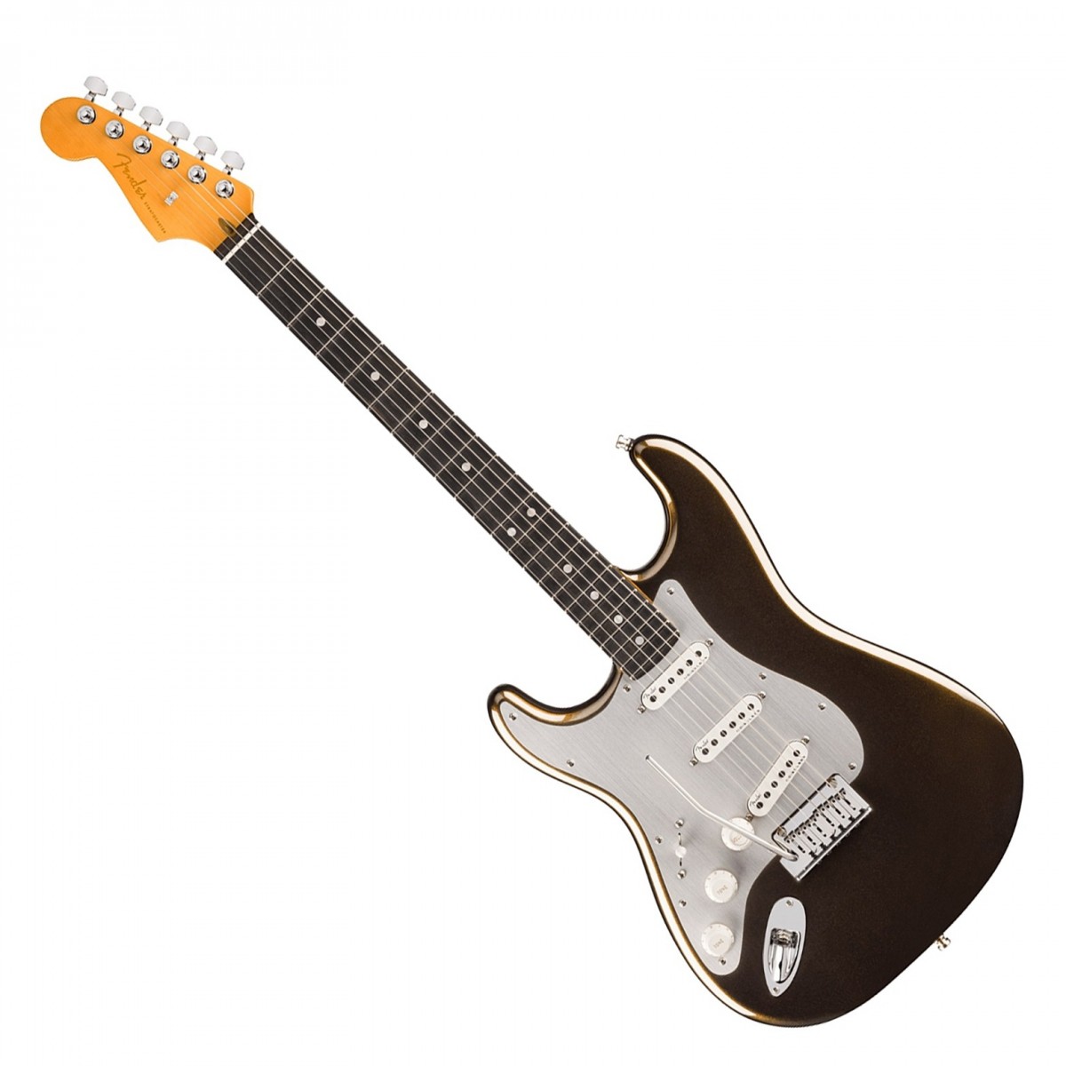 En bild på Fender American Ultra II Stratocaster Left-Hand EB Texas Tea | Fender American Ultra II Stratocaster Left-Hand EB är perfekt för vänsterhänta spelare som söker högklassig ton och prestanda. Kroppen i utvald al har skulpterade konturer för maximal komfort och den moderna D-profilhalsen i kvartssågad lönn ger smidig spelbarhet med en Ultra Sidenmatt-finish. För extra komfort och spelbarhet är greppbrädan med compound radius från Ebenholts idealisk för rytm och snabbt tekniskt leadspel. I halskanten finns självlysande Luminlay-sidopunkter som gör att du kan se exakt var du befinner dig på vilken scen som helst.  Utrustad med Ultra II Noiseless Vintage Strat-pickuper levererar den här gitarren ett brett spektrum av brumfria toner från rena cleans till eldiga leads. S-1-omkopplaren lägger till extra pickupalternativ för ännu mer mångsidighet. 2-Point Ultra Tremolo och deluxe låsta stämskruvar ger exakt stämning och stabilitet. American Ultra II-serien är det allra bästa i Fender:s produktionssortiment och kombinerar moderna utsmyckningar och premiummaterial med tidlös gitarrdesign för att skapa en otrolig spelupplevelse.