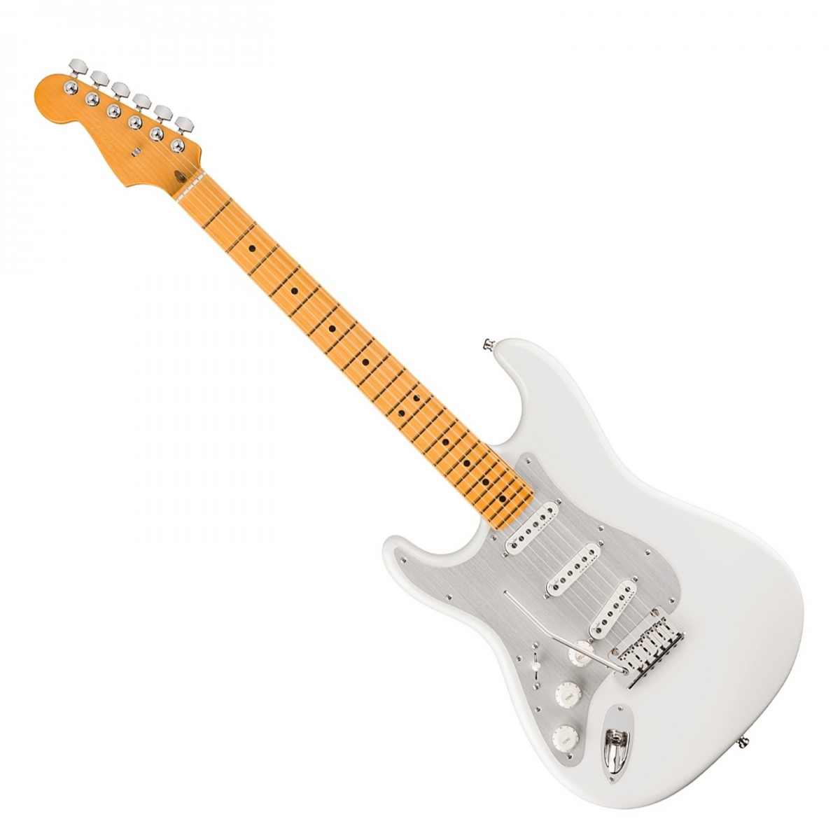 En bild på Fender American Ultra II Stratocaster Left-Hand MN Avalanche | Fender American Ultra II Stratocaster Left-Hand MN är perfekt för vänsterhänta spelare som söker högklassig ton och prestanda. Kroppen i utvald al har skulpterade konturer för maximal komfort och den moderna D-profilhalsen i kvartssågad lönn ger smidig spelbarhet med en Ultra Sidenmatt-finish. För extra komfort och spelbarhet är greppbrädan i lönn med compound radius idealisk för rytm och snabbt tekniskt leadspel. I halskanten finns självlysande Luminlay-sidopunkter som gör att du kan se exakt var du befinner dig på scenen.  Utrustad med Ultra II Noiseless Vintage Strat-pickuper levererar den här gitarren ett brett spektrum av brumfria toner från rena cleans till eldiga leads. S-1-omkopplaren lägger till extra pickupalternativ för ännu mer mångsidighet. 2-Point Ultra Tremolo och deluxe låsta stämskruvar ger exakt stämning och stabilitet. American Ultra II-serien är det allra bästa i Fender:s produktionssortiment och kombinerar moderna utsmyckningar och premiummaterial med tidlös gitarrdesign för att skapa en otrolig spelupplevelse.