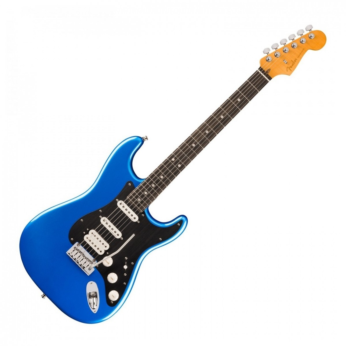 En bild på Fender American Ultra II Stratocaster HSS EB Noble Blue | Fender American Ultra II Stratocaster HSS EB är en toppmodern gitarr byggd för spelare som söker den bästa prestanda som Fender kan erbjuda. Med en kropp i utvald al skulpterade konturer och en hals i kvartssågad lönn erbjuder den här gitarren den typ av överlägsen spelbarhet och stabilitet som efterfrågas av proffs. Greppbrädan Ebenholts med 10"-14" compound radius ger mjuka övergångar mellan ackord och solon medan Luminlay sidopunkter ger bättre synlighet i miljöer med svagt ljus. De Ultra-rullade kanterna och Sidenmattfinishen på halsen gör det enkelt att spela längre stunder medan en helt ny hals i kvartssågad lönn garanterar stabilitet när instrumentet åldras. Utrustad med Ultra II Noiseless Hot Strat-pickuper och en kraftfull Haymaker humbucker levererar den här gitarren ett dynamiskt utbud av toner från krispiga cleans till brännande leads allt utan oönskat brum. S-1-omkopplaren ger ytterligare mångsidighet genom att dela humbucker vilket utökar din tonala palett. Utrustad med en 2-punkts American Ultra synkroniserad tremolo med polerade rostfria stålblocksadlar och ett nytt kallvalsat stålblock kommer du att njuta av oändlig sustain på dina vibratos och whammy action. Denna Stratocaster är byggd för de mest krävande framträdanden och toppas med låsta stämskruvar med kort stolpe och ett gjutet deluxe-fodral.