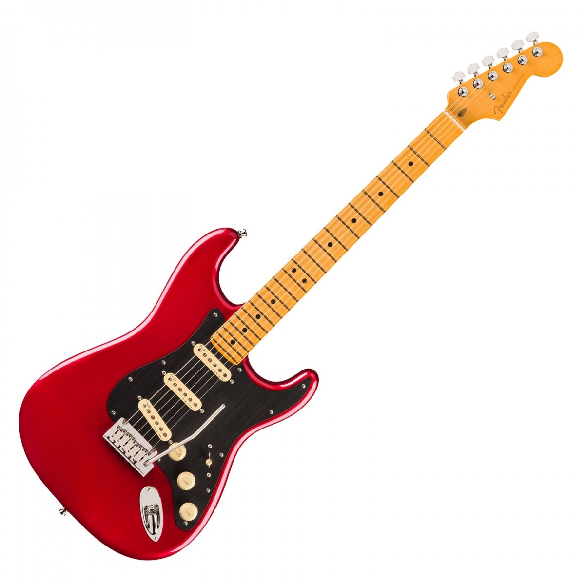 En bild på Fender American Ultra II Stratocaster MN Sinister Red | Fender American Ultra II Stratocaster MN är ett toppinstrument för dem som kräver exceptionell prestanda och mångsidighet. Med en kropp i utvald al med skulpterade konturer och en hals i kvartssågad lönn ger den här gitarren ökad stabilitet och en resonant ton. Greppbrädan i lönn med 10"-14" radie och Ultra-rullade kanter ger smidig spelbarhet och enkla övergångar från ackord till solon. Utrustad med Ultra II Noiseless™ Vintage Strat®-pickuper levererar denna Stratocaster det klassiska Fender -ljudet utan brum. S-1™-omkopplaren låser upp ytterligare pickupkonfigurationer vilket ger ett brett utbud av toner som passar alla musikstilar. Med premiumhårdvara inklusive ett 2-punkts American Ultra tremolosystem och korthållslåsande stämskruvar är den här gitarren utformad för tillförlitlig stämningsstabilitet och exceptionell sustain.