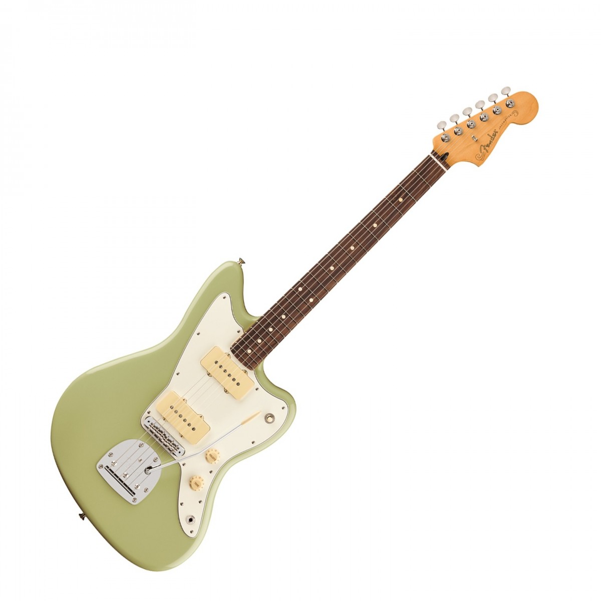 En bild på Fender Player II Jazzmaster RW Birch Green | Jazzmaster Fender Player II Jazzmaster är perfekt för musiker som vill blanda klassisk Fender charm med modern spelbarhet. Den moderna C-profil halsen med en slät Sidenmattfinish garanterar snabbt och bekvämt spel. Greppbrädan i rosewood med 95 tums radie rullade kanter och 22 medium jumbo band gör det enkelt att navigera. Gitarren är utrustad med Player-seriens Alnico V enkelspoliga pickuper och ger ett mångsidigt ljud med kristallklara höjder musikaliska mellanregister och strama låga toner. Jazzmaster-stalln med Mustang-sadlar och ett flytande tremolostycke i vintage-stil ger utmärkt stämningsstabilitet och ljudmässig flexibilitet.