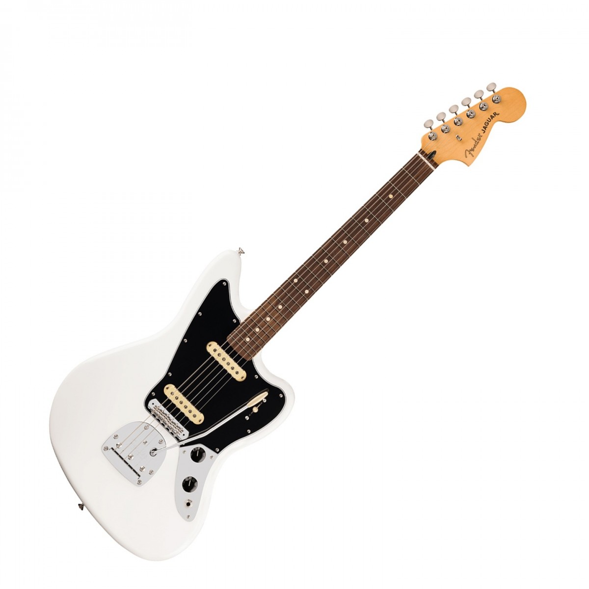En bild på Fender Player II Jaguar RW Polar White | Jaguar Fender Player II Jaguar erbjuder det ikoniska Fender ljudet och stilen med moderna uppdateringar för dagens spelare. Med en konturerad alkropp ger den här gitarren en bekväm spelupplevelse. Den moderna C-profilhalsen med Sidenmatt uretan-finish kombinerad med en 95-tums greppbräda i rosewood och rullade kanter garanterar smidig och snabb spelbarhet. Utrustad med Player Series Alnico enkelspoliga Jaguar-pickuper levererar den här gitarren mångsidiga toner som passar alla genrer. Jaguar-stalln med Mustang-sadlar och flytande tremolo tillsammans med ClassicGear-stämskruvar säkerställer exakt stämstabilitet efter pitch-bends och uttrycksfull tremolo-användning.