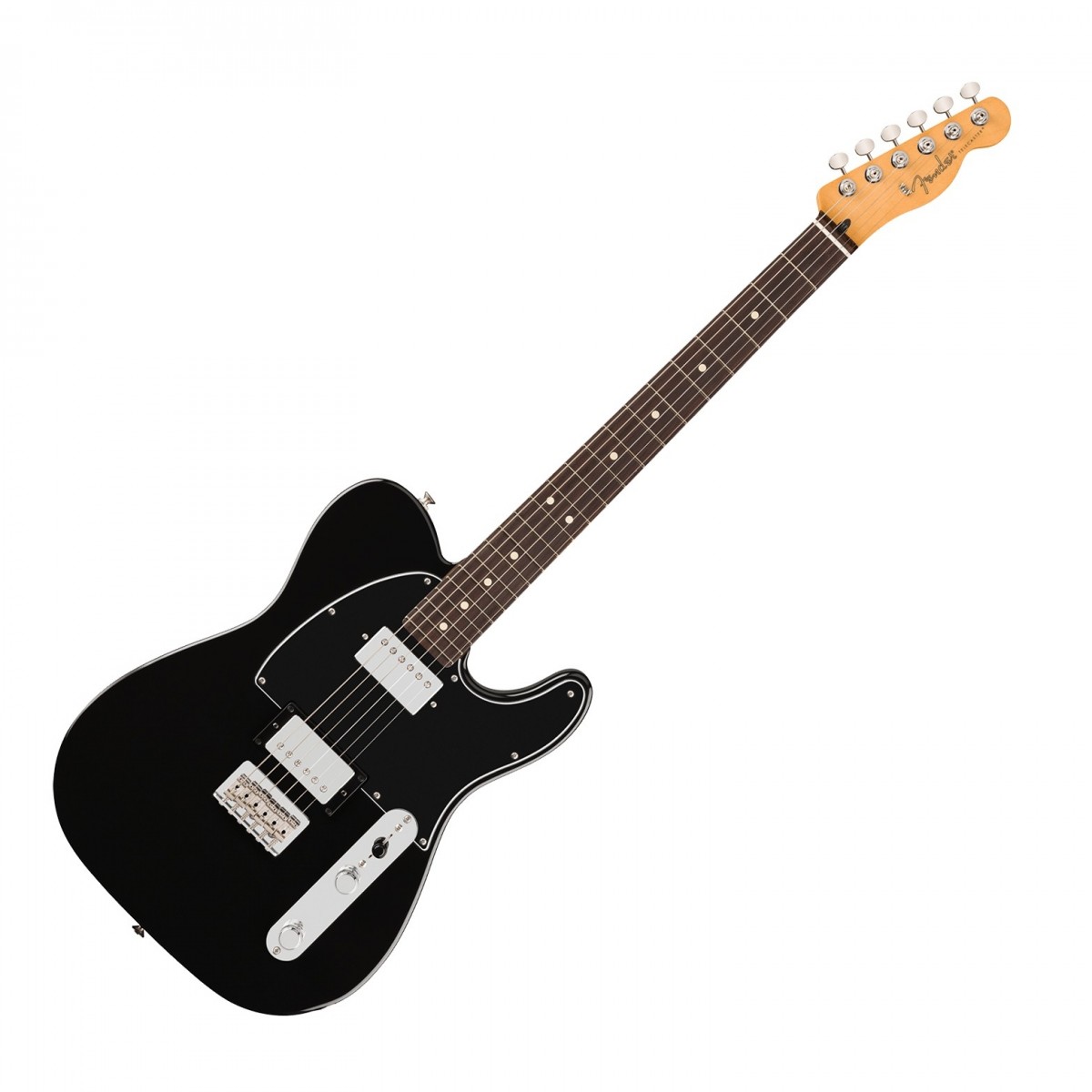 En bild på Fender Player II Telecaster HH RW Black | II Fender Player II Telecaster HH Rosenträgreppbräda är designad för musiker som kräver kvalitet och mångsidighet i sitt instrument. Den här gitarren har en elegant kropp i al och en bekväm modern C-halsprofil krönt med en greppbräda i rosewood som ger smidig spelbarhet. De dubbla Player Series Alnico II humbuckrarna levererar en rad kraftfulla toner som passar för en mängd olika musikstilar medan halsens sidenmatta uretanfinish ger snabba och enkla rörelser.  Player II Telecaster HH är byggd för precision och prestanda och är utrustad med en 6-sadlad strings-through-body hardtail-stall som ger förbättrad stämningsstabilitet och sustain. De 22 medium jumbo band och 95-tums radien på greppbrädan gör det lättare än någonsin att böja toner och spela ackord. Med sin tidlösa Fender charm och moderna förbättringar framstår denna gitarr som ett förstahandsval för både scen- och studioarbete.