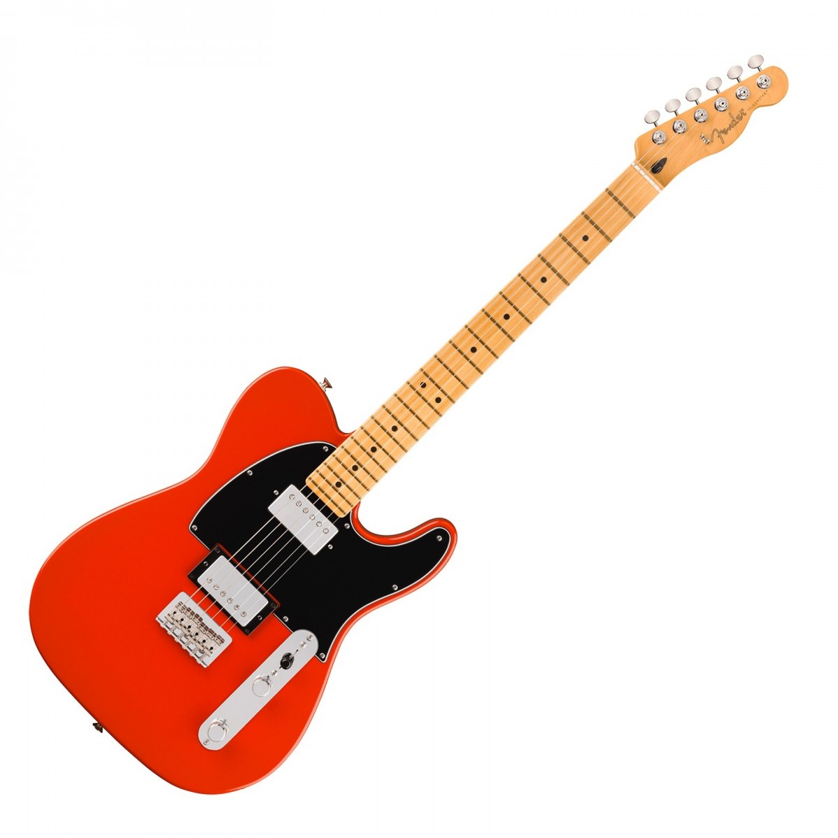 En bild på Fender Player II Telecaster HH MN Coral Red | II Fender Player II Telecaster HH Lönngreppbräda är designad för musiker som kräver kvalitet och mångsidighet i sitt instrument. Denna gitarr har en elegant alkropp och en bekväm modern C-halsprofil krönt med en lönngreppbräda som ger smidig spelbarhet. De dubbla Player Series Alnico II-humbuckrarna levererar en rad kraftfulla toner som passar för en mängd olika musikstilar medan halsens sidenmatta uretanfinish ger snabba och enkla rörelser.  Player II Telecaster HH är byggd för precision och prestanda och är utrustad med en 6-sadlad strings-through-body hardtail-stall som ger förbättrad stämningsstabilitet och sustain. De 22 medium jumbo band och 95-tums radien på greppbrädan gör det lättare än någonsin att böja toner och spela ackord. Med sin tidlösa Fender charm och moderna förbättringar framstår denna gitarr som ett förstahandsval för både scen- och studioarbete.