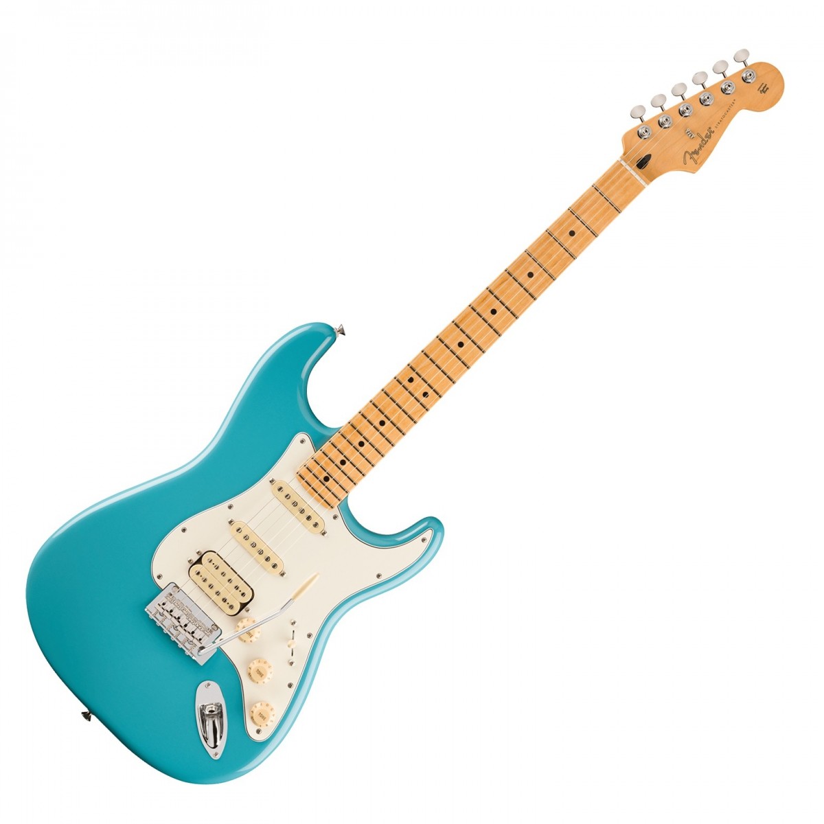 En bild på Fender Player II Stratocaster HSS MN Aquatone Blue | II Fender Player II Stratocaster HSS Lönngreppbräda är en fusion av traditionell estetik och modern funktionalitet utformad för att höja alla prestationer. Denna gitarr har en mångsidig HSS-pickupkonfiguration som kombinerar Player Series Alnico V enkelspoliga och en Alnico II humbucker perfekt för att leverera skarpa artikulerade höga toner och robusta låga toner. Den 5-vägs bladomkopplaren erbjuder en rad olika tonala möjligheter från mjuka halspickuptoner till aggressiva stall outputs.  Den moderna C-formade halsen och lönngreppbrädan med 95 tums radie och rullade kanter är byggda för komfort och snabbhet och ger en smidig spelupplevelse perfekt för både lead- och rytmspel. Dessutom ger den synkroniserade 2-punkts tremolon och Fender ClassicGear-stämskruvarna stabil stämning och enkel vibrato vilket gör Player II Stratocaster HSS till ett pålitligt val för alla seriösa gitarrister.