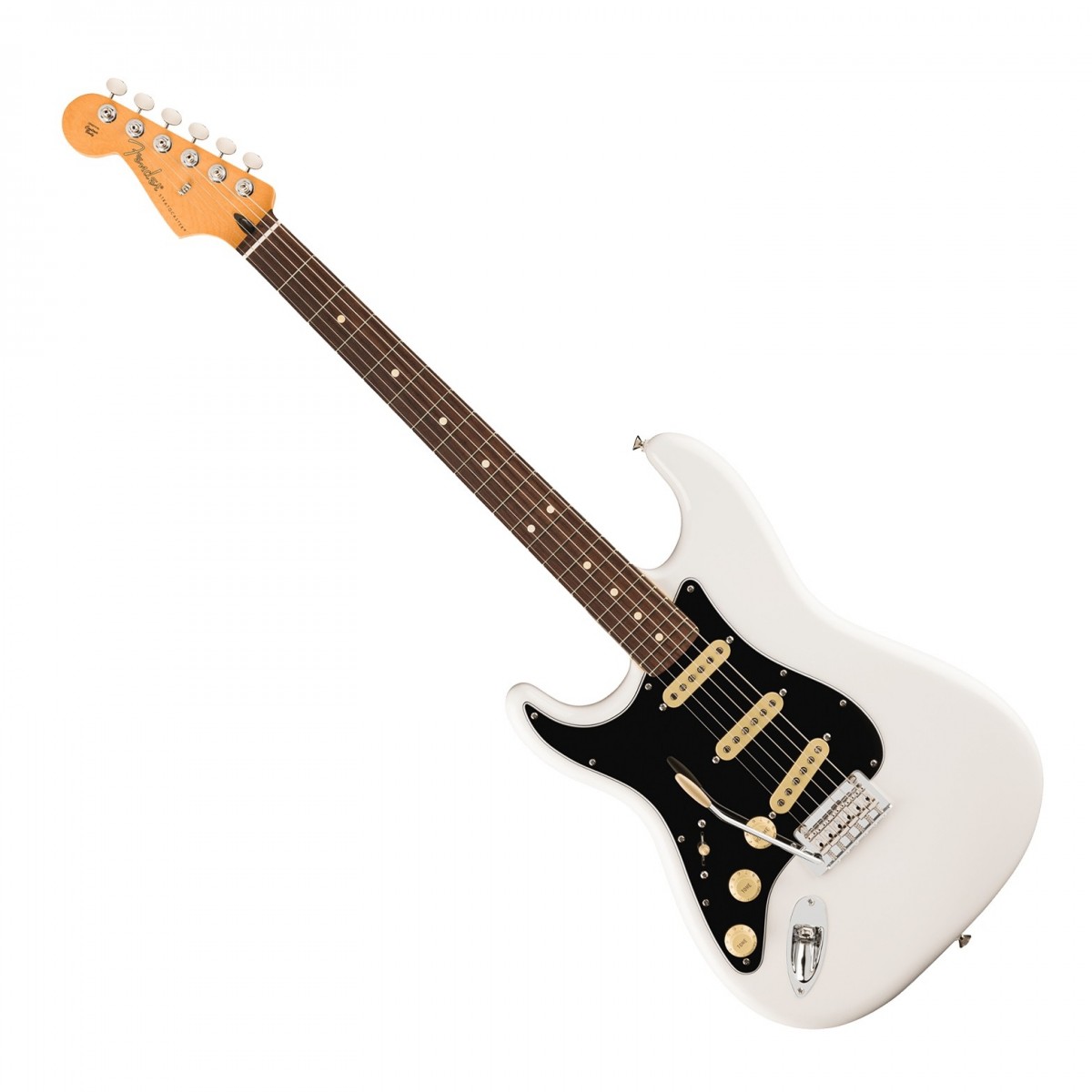 En bild på Fender Player II Stratocaster Vänsterhänt RW Polar White | II Fender Player II Stratocaster Vänsterhänt Rosenträgreppbräda är designad för den moderna musikern som söker både klassisk ton och innovativ spelbarhet. Den moderna C-formade halsen och greppbrädan i rosenträ med 95-tums radie och 22 medium jumbo band ger en flytande och enkel spelbarhet. Med Player Series Alnico V Single-Coil Strat-pickuper levererar denna gitarr skarpa artikulerade toner som passar för ett brett spektrum av musikstilar.  Player II Stratocaster är optimerad för prestanda och har en 2-punkts synkroniserad tremolo med böjda stålsadlar och Fender ClassicGear-stämskruvar för exakt och stabil stämning. Den sidenmatta uretanfinishen på halsens baksida och den glansiga uretanfinishen på huvudet gör gitarren mer hållbar och estetiskt tilltalande. Den här modellen är ett perfekt val för spelare som vill göra ett ljudmässigt statement och samtidigt njuta av den komfort och tillförlitlighet som är synonymt med namnet Fender.