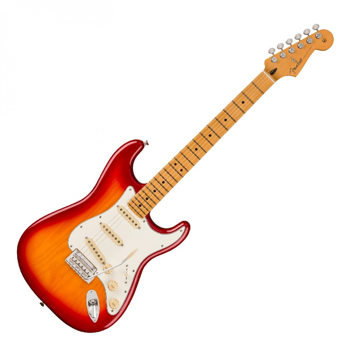 En bild på Fender Player II Stratocaster MN Aged Cherry Burst | II Fender Player II Stratocaster Lönngreppbräda är en scenklar gitarr som kombinerar den ikoniska Fender charmen med moderna funktioner. Den är utformad för dagens spelare och har en modern C-halsprofil och en greppbräda med 95-tums radie och rullade kanter vilket ger snabb smidig spelbarhet och en bekväm känsla. Player Series Alnico V Single-Coil-pickuperna erbjuder ett mångsidigt utbud av toner från kristallklara höjder till strama dalar perfekt för alla genrer. Ett 2-punkts synkroniserat tremolosystem ger exakt avstämningsstabilitet och möjliggör uttrycksfullt vibrato och vågade dive bombs.  Denna modell är utrustad med en kammad askkropp vilket ger en lättviktskänsla utöver en livfull resonans. ClassicGear stämskruvar kombinerar vintage estetik med modern prestanda vilket garanterar smidig och pålitlig stämning. Halsens sidenmatta urethane-finish förbättrar spelbarheten vilket gör den idealisk för snabba framträdanden. Med en 5-vägs bladomkopplare kan du enkelt växla mellan olika pickupkombinationer för att uppnå önskat ljud vilket gör den här gitarren till ett mångsidigt tillskott till alla musikers samling.