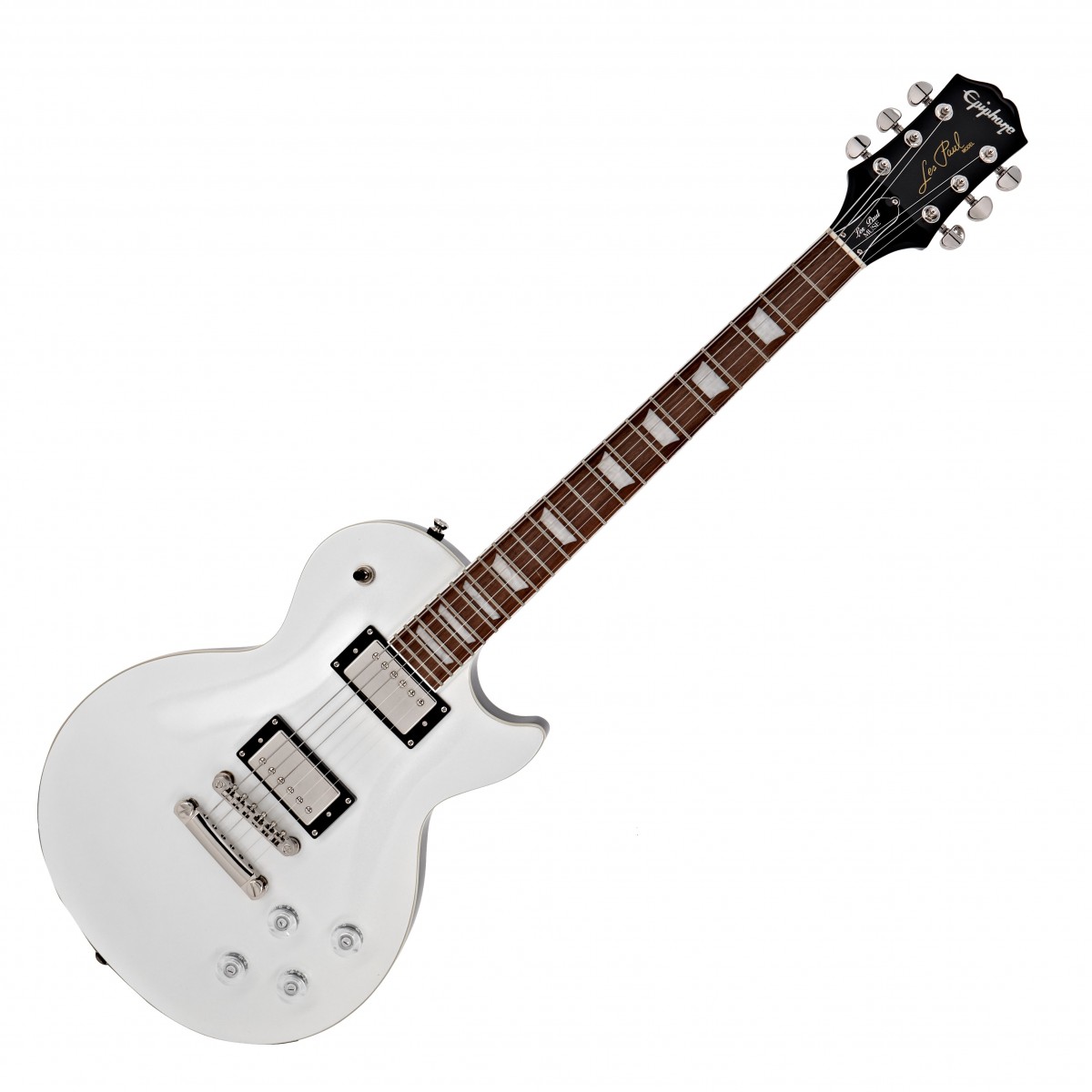 En bild på Epiphone Les Paul Muse Pearl White Metallic | Det perfekta verktyget för att driva din kreativitet. Att hitta din stämma med Epiphone Les Paul Muse är enkelt. Den kombinerar magnifik spelbarhet och ett mångsidigt vidsträckt ljud med lätt användbarhet en elegant estetik och en mängd funktioner som gör gitarren rena rama utmärkt.  Den kamrade kroppen är lättare än på din standard Les Paul. Så du behöver inte oroa dig för ryggvärk som äldre tyngre modeller ofta orsakar. Coil split-alnico pickuper ger dig en mängd single coil och humbucker-toner du kan utnyttja i din musik. 3-vägs omkopplaren ger ännu mer ljudmässig flexibilitet. Trots att detta kan låta en smula kraftfullt kan du därmed njuta av fantastisk ljudkvalitet på riktigt låga volymer - en speciell "treble bleed"-krets upprätthåller ljudets klarhet även om du spelar lugnt i ditt sovrum på morgonkvisten. Les Paul Muse: det är en inspiration.