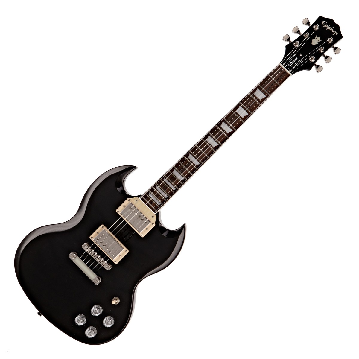 En bild på Epiphone SG Muse Jet Black Metallic | Strålande stil. Skränigt ljud. Och redo för rock n roll. Epiphone SG Muse bringar kraften hos den klassiska SG till en rad gitarrer med fantastiska nya metalliknande ytbehandlingar. Gitarren har ett par high-output alnico Classic PRO humbucker-mickar. Du kan verkligen skruva upp volymen med dessa fina mickar till ditt förfogande - nu kommer ditt ljud alltid att sticka ut ur mängden i din mix.  Och det är bara början. Du får en underbar naturlig enkel spelupplevelse - den "C" -formade halsen ger maximal bekvämlighet och gör det enkelt att slå även de hårdaste tonerna och ackorden. Du får till och med Epiphones fantastiska treble bleed-krets. Detta upprätthåller din gitarrs tydliga ljud även när du spelar på låga volymnivåer. Så detta är bra för övningar sent på kvällen. Det är faktiskt bra för alltsamman.
