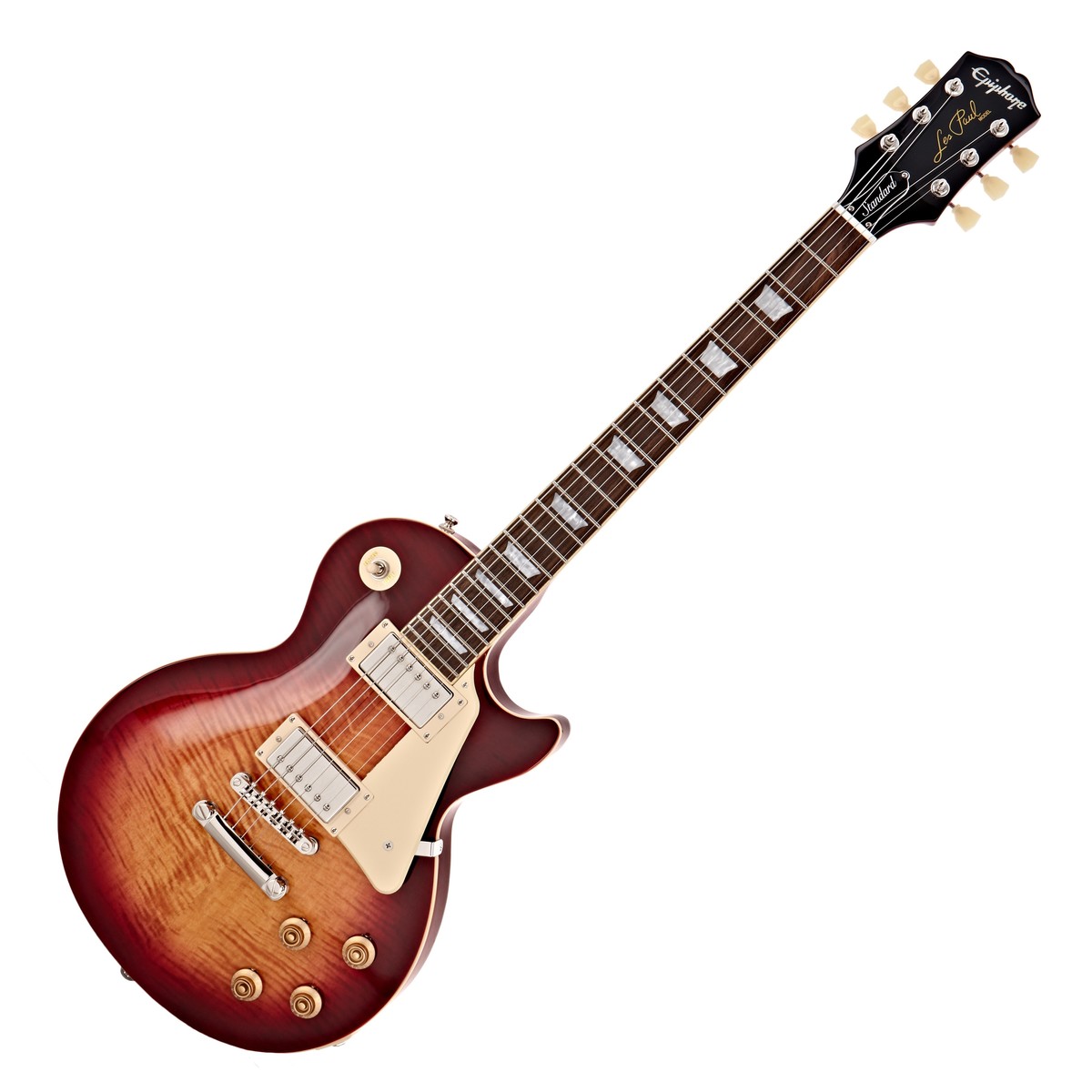 En bild på Epiphone Les Paul Standard 50s Heritage Cherry Sunburst | Du är på god väg att ha en uppenbarelse. Egentligen är det denna Epiphone Les Paul Standard 50s men det kommer att bana dig vägen till storhet. Gitarren har inspirerats av Gibson Les Paul och erbjuder samma känsla och karaktär som den ikoniska och hyllade gitarren - men till ett mer lätt överkomligt pris. Epiphone Probucker 2 och Probucker 3 humbucker-mickarna på denna gitarr ger en utsökt och äkta vintage-ton - den kommer att blixtra på varje scen.   Och gitarren är riktigt lätt att spela också. Tack vare den rundade Medium C-halsen av mahogny kan du spela bekvämt och med övertygelse på denna 59. Gitarren är smidig och passar naturligtvis perfekt på din handflata: cutaway-kroppsformen ger lätt tillgång till de övre banden. LockTone ABR Tune-o-matic-stallet ger samtidigt för tajt stämning och en fantastisk finish vilket garanterar att denna gitarr får alla människor i publiken att le av glädje.