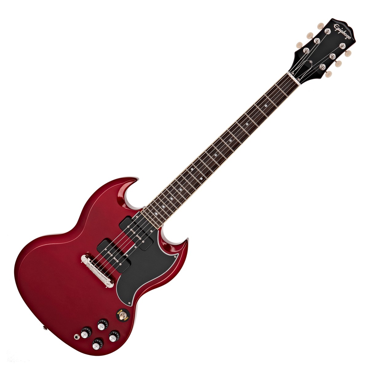 En bild på Epiphone SG Special P-90 Sparkling Burgundy | Klassiker gåt inte att återskapa. Men man kan göra dem ännu bättre. Epiphone SG Special P-90 tar den historiska 61´ designen och uppgraderar den för gitarristers nästa generation. Detta är den ultimata hyllningen till SGns guldålder. Gå med bland de största namnen i branschen: Förbered dig på att införas i Rock N Roll-musikens Hall of Fame. Rock- och metallmusik omdefinierad. SG Special kombinerar vintage-ljud med modern innovation för att ge dig obegränsad mångsidighet och frihet. Utforska en rik tonal palett tack vare gitarrens två distinkta P90-pickuper. Gå från ett varmt basregister till klara diskanter utan att gå miste om det ikoniska tajta och kraftiga mellanregistret. Allt på en avsmalnande hals som är formad för snabbt gitarrspel och en kropp som ger rikligt utrymme för riktig ordentlig shredding SGn beundras och vördas inte utan orsak heller. Epiphone har arbetat outtröttligt för att leverera en unik upplevelse och erbjuder enastående byggkvalitet oöverträffade toner och en välkänd design. Upptäck ljudet som du själv fulländat. Välkommen till Epiphone-familjen.