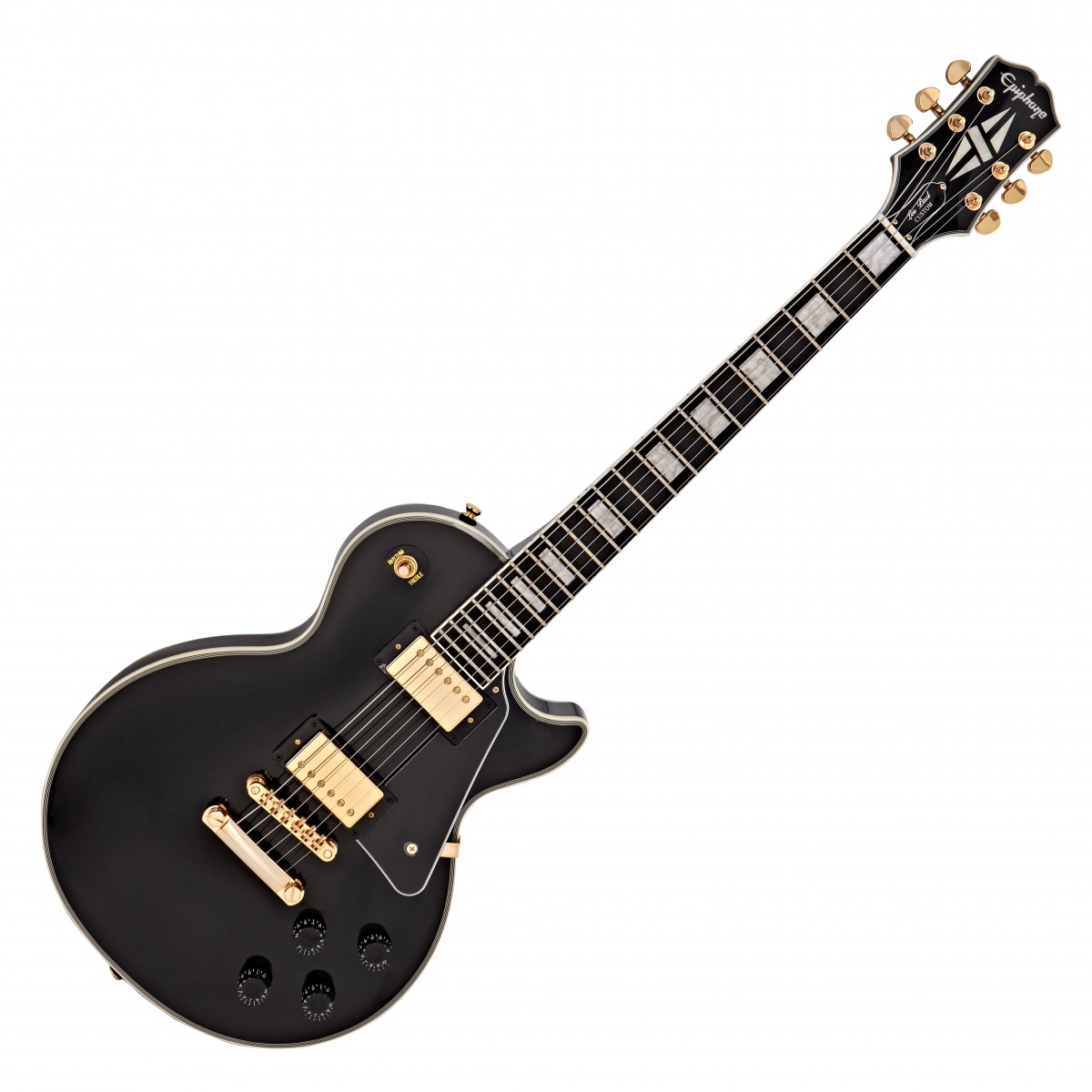 En bild på Epiphone Les Paul Custom Ebony | En mästerlig design - som firas av Epiphone. Perfekt för den moderna gitarristen. Les Paul Custom tar den ikoniska skapelsen och ger den ännu mer tajthet. Detta är den perfekta hyllningen till gitarrtillverkningens guldålder. Gå med i samma klubb som Noel Gallagher Bob Dylan och The Beatles som alla har fått sitt klassiska ljud från en Epiphone.   Djup bas skyhöga diskanter och allt däremellan. EILCEBGH1 byggdes för att ge dig obegränsad kreativ frihet. Upptäck mångsidiga tonala strukturer med två eftertraktade humbucker-mickar för ett grymt basregister och fantastisk sustain. Allt på en avsmalnande hals som ger förbättrad komfort och en mahognikropp som resonerar med perfektion. Det finns en orsak till att Les Paul anses vara en av världens mest populära gitarrer. Nu har ribban dock höjts ytterligare. Kolla in exakt varför Epiphone har blivit så respekterad bland branschens ledande musiker och experter. Spela med ett ljud du själv skapat. Välkommen till Epiphone-familjen.