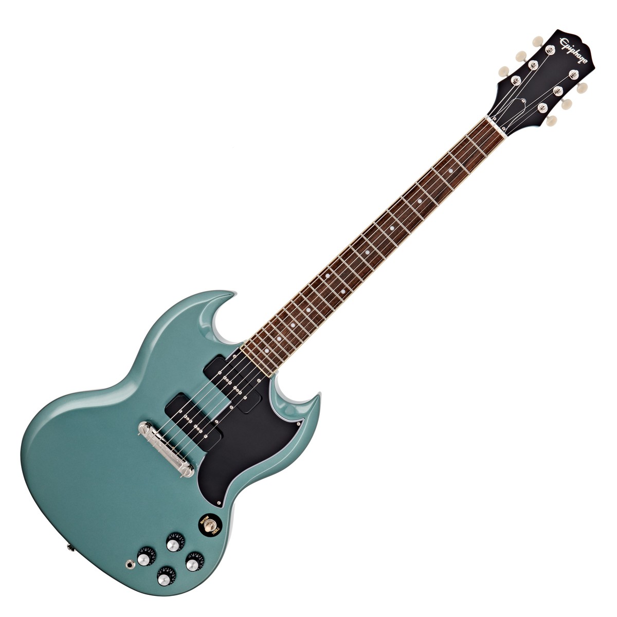 En bild på Epiphone SG Special P-90 Faded Pelham Blue | Klassiker gåt inte att återskapa. Men man kan göra dem ännu bättre. Epiphone SG Special P-90 tar den historiska 61´ designen och uppgraderar den för gitarristers nästa generation. Detta är den ultimata hyllningen till SGns guldålder. Gå med bland de största namnen i branschen: Förbered dig på att införas i Rock N Roll-musikens Hall of Fame. Rock- och metallmusik omdefinierad. SG Special kombinerar vintage-ljud med modern innovation för att ge dig obegränsad mångsidighet och frihet. Utforska en rik tonal palett tack vare gitarrens två distinkta P90-pickuper. Gå från ett varmt basregister till klara diskanter utan att gå miste om det ikoniska tajta och kraftiga mellanregistret. Allt på en avsmalnande hals som är formad för snabbt gitarrspel och en kropp som ger rikligt utrymme för riktig ordentlig shredding SGn beundras och vördas inte utan orsak heller. Epiphone har arbetat outtröttligt för att leverera en unik upplevelse och erbjuder enastående byggkvalitet oöverträffade toner och en välkänd design. Upptäck ljudet som du själv fulländat. Välkommen till Epiphone-familjen.