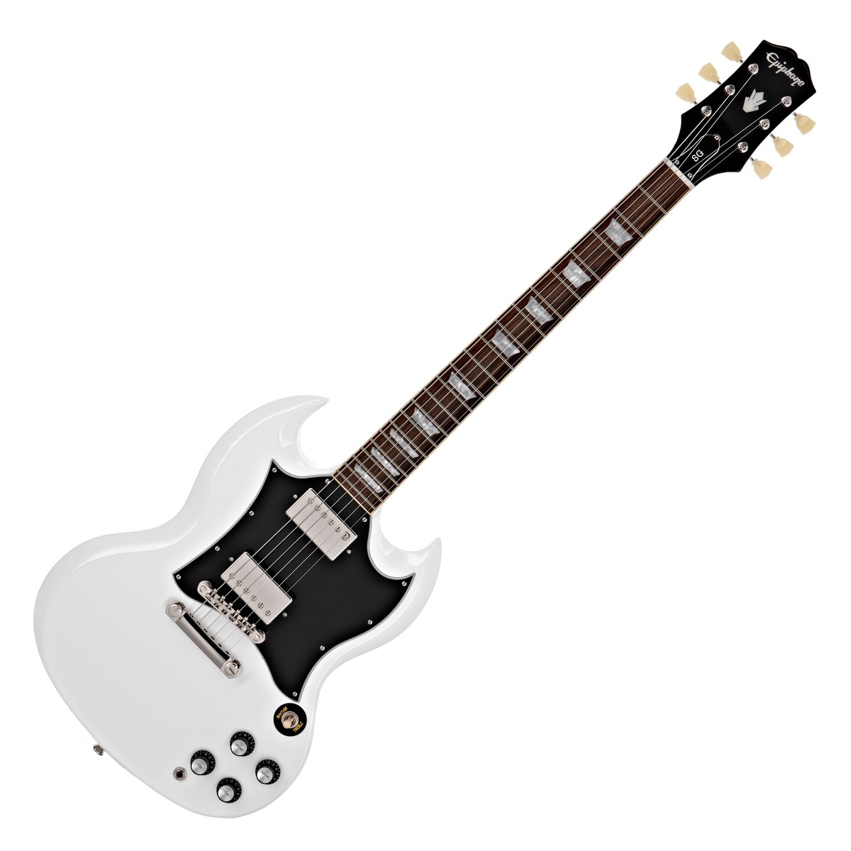 En bild på Epiphone SG Standard Alpine White | SGn. En gitarr vars rykte föregår den. Epiphone SG Standard hyllar en av de mest berömda och igenkända gitarrerna i världen. Inspirerad av de legendariska Gibson-modellerna erbjuder den samma känsla och estetik till ett överkomligt pris. Alnico Classic PRO humbuckers sparkar ut en vild ton som är perfekt för allting rock n roll. Du kommer att älska hur denna gitarr ger dina riff liv. Och 60-talets SlimTaper mahognyhals gör det lätt att spela. Från "batwing" plektrumskyddet till den ikoniska SG-kroppsformen som är så vördad av gitarrister kommer denna gitarr att få dig upp på scenen och rocka på nolltid.
