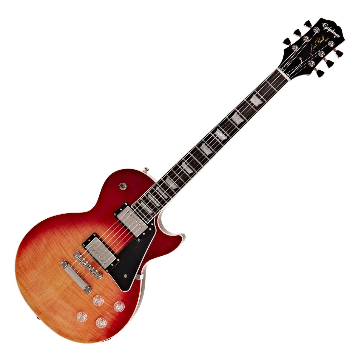 En bild på Epiphone Les Paul Modern Figured Magma Orange Fade | Formad för djärva gitarrister. Epiphone Les Paul Modern hjälper dig att förbättra din färdigheter och bli en gitarrvirtuos. Den har en weight relief-mahognikropp vilket innebär att du kan spela perfekt och bekvämt i timtal - och fortfarande njuta av klassisk Les Paul-känsla och ton. ProBucker 2 och 3 humbuckers ger dig ett stort tajt fylligt ljud att arbeta med: Du kan spela noter väl artikulerade med perfekt skärpa och precision. Grovers låsande stämskruvar i världsklass hjälper dig att hålla din stämning tajt och säker medan Slim Taper-mahognihalsen får din hand att flyta och segla som du vill. Greppbrädan av ebenholts ger därtill ännu bättre kvalitet till gitarrens spelbarhet. Gör dig redo att anta Les Paul-upplevelsen.
