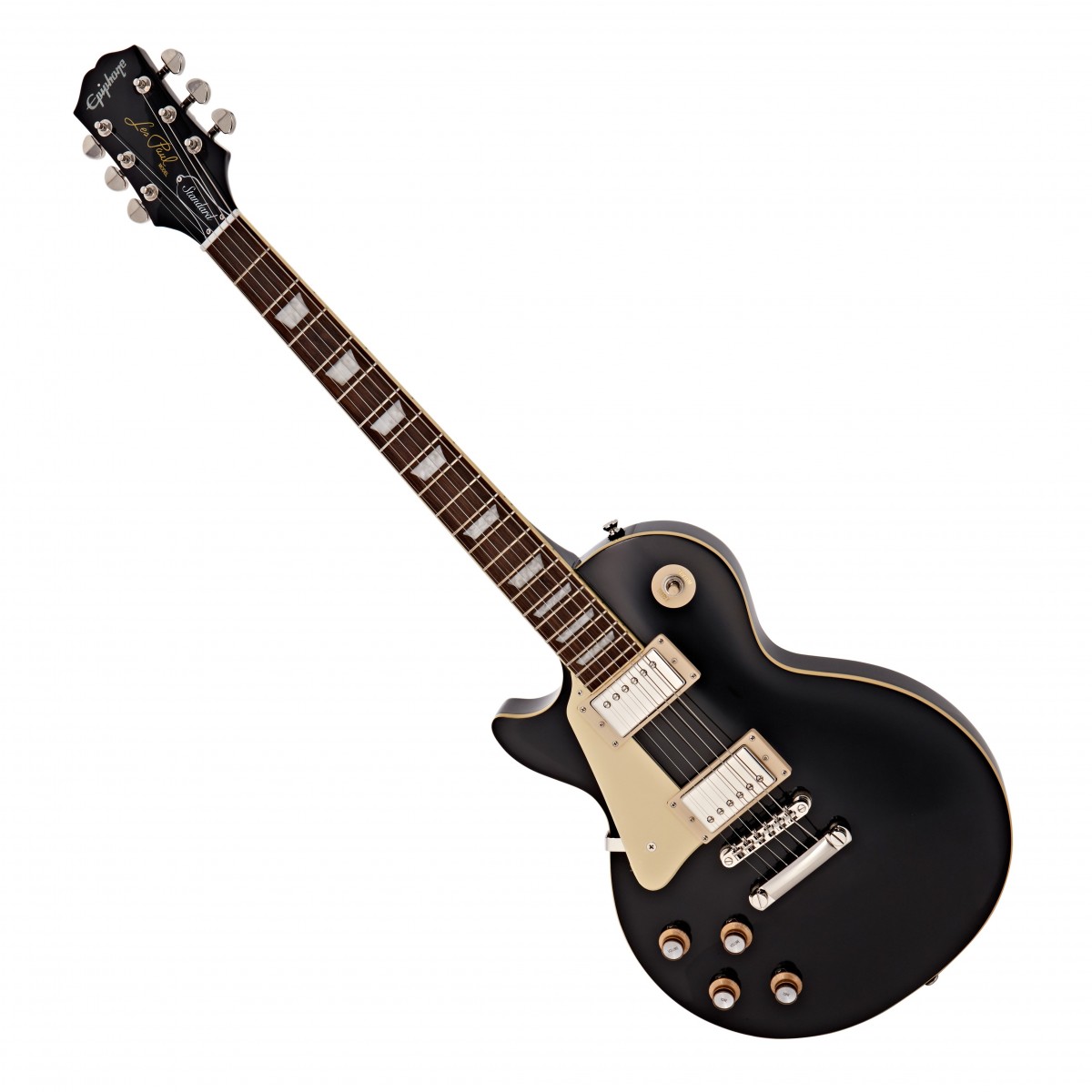En bild på Epiphone Les Paul Standard 60s Left Handed Ebony | En gitarr som har historien på sin sida. Epiphone Les Paul Standard Left Handed 60s är modellerad efter den legendariska 60-tals Les Paul-modellen - och denna modell har utseendet som bevis. Med kraftfulla vintage-stämda Probucker 2 och 3 humbuckers ger denna gura dig ett riktigt skarpt klart ljud. Den smala Taper 60s C-formade halsen ger enastående spelbarhet utöver att kännas jämn och bekväm i ditt grepp. Du kommer att kunna uttrycka dina riff med absolut noggrannhet. Och Grover Rotomatic-stämskruvarna förbättrar massivt stämningen för att erbjuda ett fantastiskt pålitligt instrument. Dyk in i en värld av vintage-toner med denna pråliga makalösa gitarr.