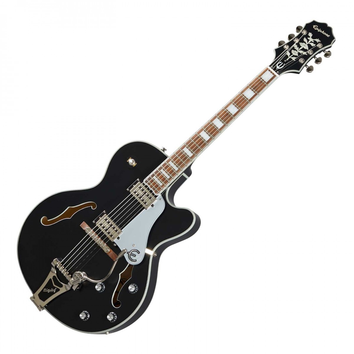 En bild på Epiphone Emperor Swingster Black Aged Gloss | Det är dags att svänga. Epiphone Emperor Swingster var utformad för att få tårna att tappa och att huvudet nickar. Dess snygga ihåliga hollowbody ger en sublim resonans och erbjuder till synes oändlig hållbarhet. Och ett par kraftfulla kraftfulla SwingBucker pickupar erbjuder en enorm ton med massor av utdata för att driva dina riff genom mixen.   På toppen av ett fantastiskt ljud har Emperor Swingster också enastående spelbarhet med en slät slank SlimTaper mahognyhals för snabb bandning. En LockTone Tune-O-Matic-stall hjälper till att upprätthålla stabil inställningsstabilitet så att du kan vara säker på att varje slick låter precis som du tänkt det. Det är dags att omfamna din kreativitet och skapa enastående musik.
