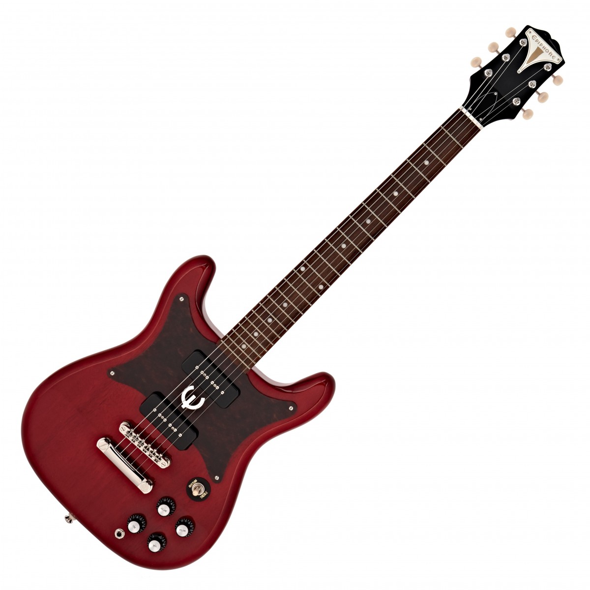 En bild på Epiphone Wilshire P-90s Cherry | En ikon återfödd. Epiphone Wilshire P-90 presenterar en klassisk modell som helt enkelt utstrålar vintagekvalitet. Sedan dess första uppträdande 1959 är denna ikoniska gitarr stolt över sina no-nonsense rötter. Men om du tror att det betyder att det inte kan hantera den moderna scenen skulle du ha fel misstag. Eftersom detta sensationella instrument är utrustat med all mångsidighet komfort och slående stil som gitarristar längtar efter från sin prestation. Ett par snittande P90-pickuper levererar de söta snygga tonerna med en viss avrundning och värme som enspolar bara inte kan tävla med. Från rent land till rasande sten - dessa pickups har inga gränser i sin briljans.   Medan du prövar Wilhires oklanderliga soniska intervall kommer du att hitta dina fingrar som dansar över ett sidenmjukt lagergreppbräda. Och den är lagrad på en C-formad mahognyhals som inte bara ger suverän komfort utan också en rik varm resonans. Naturligtvis är den hisnande vintagestilen i Wilshire inte något att borsta över. Titta bara på det. Ett distinkt fjärilskydd Kalamazoo-toppstock och signature E-logotyp harkar tillbaka till den original 50-talsdesignen och påminner spelarna exakt var deras ljud kom ifrån. Eftersom denna gitarr är så mycket mer än bara ett instrument. Det är en historia som går in i nästa kapitel ...