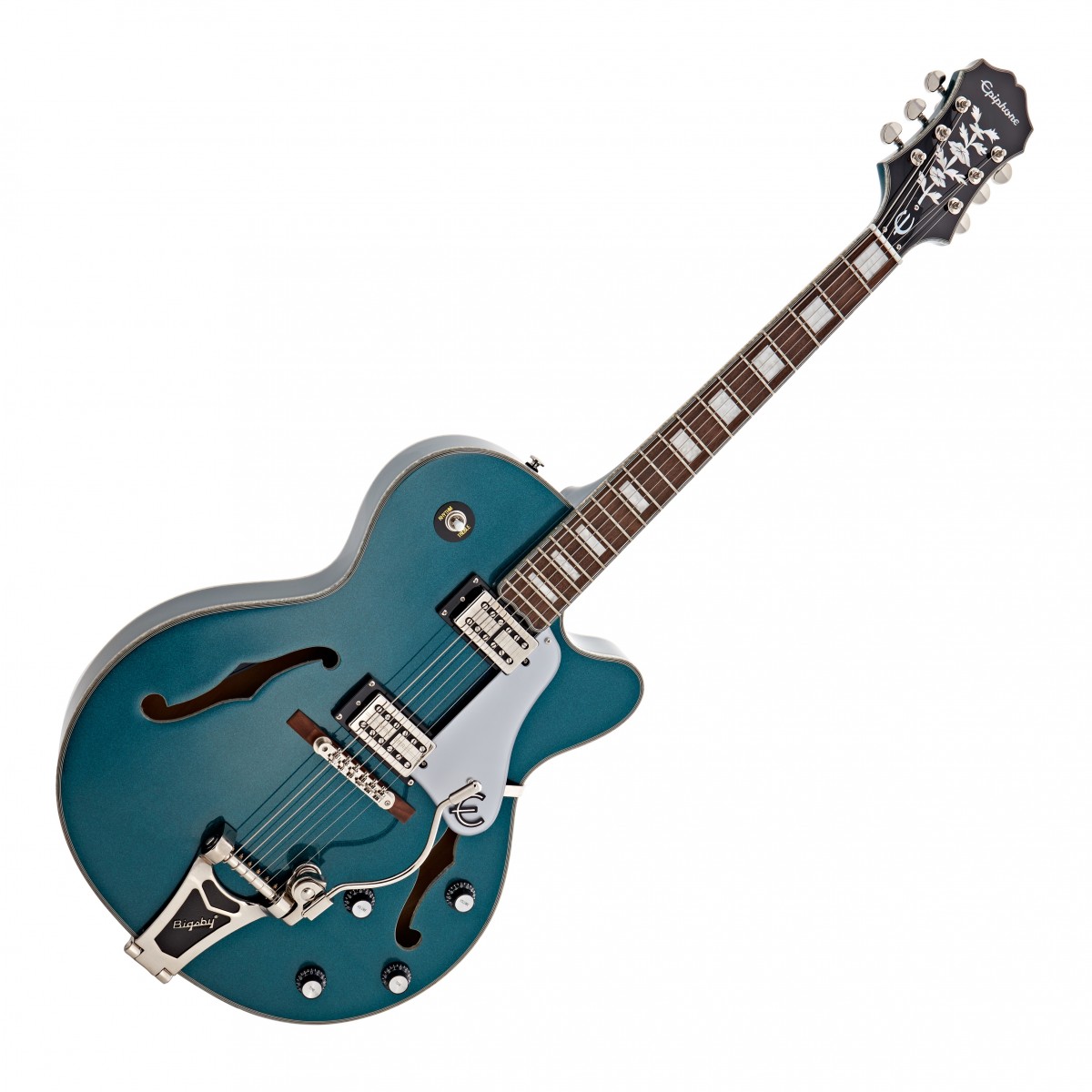 En bild på Epiphone Emperor Swingster Delta Blue Metallic | Det är dags att svänga. Epiphone Emperor Swingster var utformad för att få tårna att tappa och att huvudet nickar. Dess snygga ihåliga hollowbody ger en sublim resonans och erbjuder till synes oändlig hållbarhet. Och ett par kraftfulla kraftfulla SwingBucker pickupar erbjuder en enorm ton med massor av utdata för att driva dina riff genom mixen.   På toppen av ett fantastiskt ljud har Emperor Swingster också enastående spelbarhet med en slät slank SlimTaper mahognyhals för snabb bandning. En LockTone Tune-O-Matic-stall hjälper till att upprätthålla stabil inställningsstabilitet så att du kan vara säker på att varje slick låter precis som du tänkt det. Det är dags att omfamna din kreativitet och skapa enastående musik.