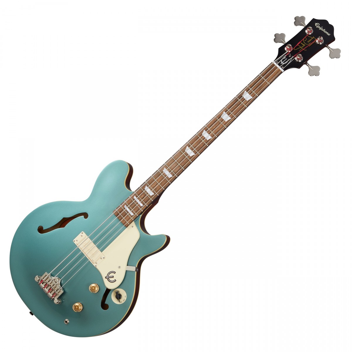 En bild på Epiphone Jack Casady Bas Faded Pelham Blue | Upplev den legendariska Casady-ton. Epiphone Jack Casady Bas har ett överflöd av kvaliteter som påminner om ett sådant ikoniskt ljud. Med en Casady-designad pickup och 3-vägs roterande impedansväljare behöver du inte oroa dig för att vara begränsad heller. denna bas erbjuder den ultimata formningen av tonrespons.   Inte bara projicerar elektroniken ett så dynamiskt ljud de olika träslag som denna bas har skapats med erbjuder praktiska och tonala kvaliteter. Den skiktade lönnkroppen ger underbar klarhet med minimal feedback perfekt för ett tätt ljud som projicerar skimrande definition. Tillsammans med den magnifika lönnkroppen är mahognyhalsen utomordentligt slitstark och robust så den kan hantera alla vilda riff samtidigt som den projicerar ett vackert resonant ljud. Upplev en sublim balanserad ton som har godkänts av en av rockens mest anmärkningsvärda basister. Inte bara godkänt designat och omhuldat.