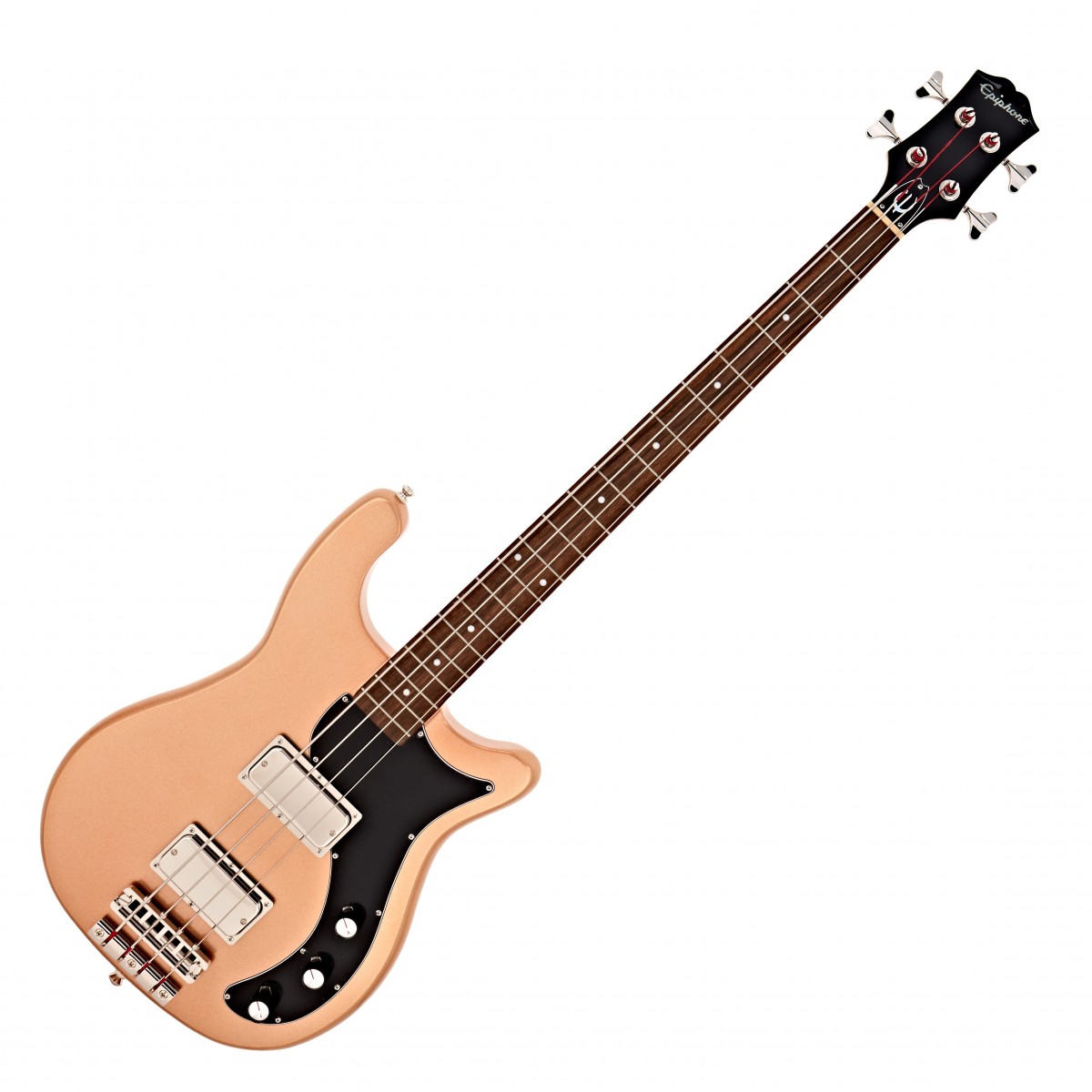En bild på Epiphone Embassy Bass Smoked Almond Metallic | Epiphone Embassy Bass markerar återkomsten av en 60-tals klassiker. Alla de unika detaljerna och funktionerna som fick oss att förälska oss i den originala Embassy-basen har nu omformats för moderna basister. Elbasen är utrustad med ett par kraftfulla Probuckers så varje du spelar kommer att skära genom även de tätaste mixarna. Så du kan vara säker på att ditt spelande hörs under varje övning och uppträdande. Utöver detta är mickarna väldigt mångsidiga och passar vilken som helst gentre.   Men precis som den originala ambassadbasen ligger den verkliga hemligheten i basens spelbarhet. Den ikoniska dubbelformade kroppsformen har skulpterats med ett konturerat övre horn för oöverträffad bekvämlighet och lätt åtkomst till varje band. Kombinerat med den snygga "C" -formade mahognihalsen och lagergreppbrädan råder det ingen tvekan om att du kommer att shredda oändliga timmar utan möda eller kramp. Om du behöver mer försäkran om att det här är den perfekta basen för dig bara skåda den!. Instrumentet suder ut Epiphone s kännetecken och vintage-stil.