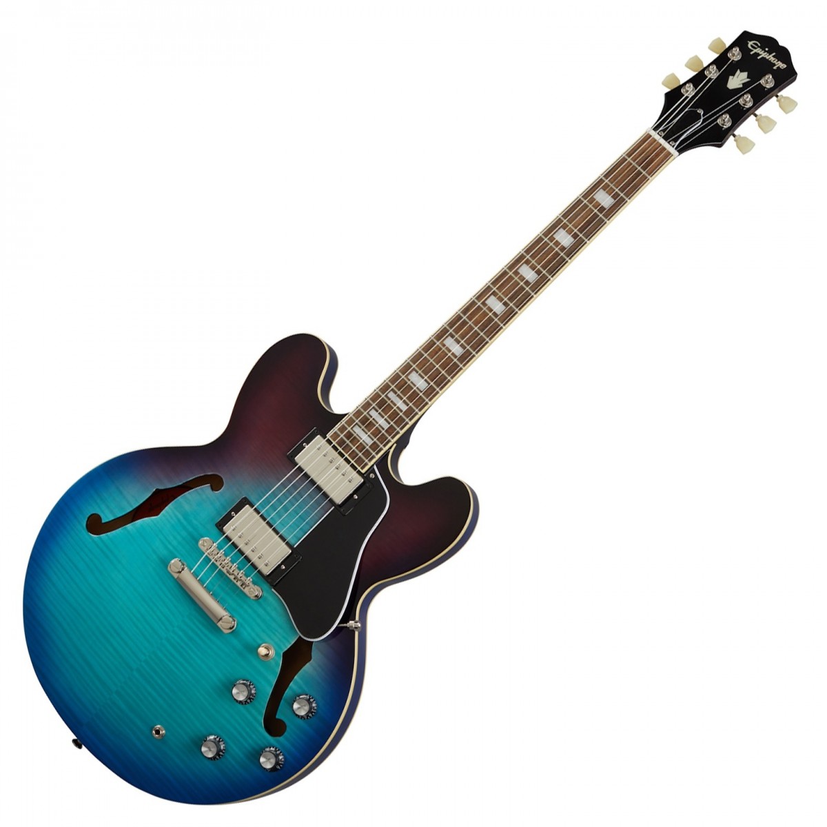 En bild på Epiphone ES-335 Figured Blueberry Burst | Som en sonisk juvel. Epiphone ES-335 tar dina riff till en ny dimension med sin klassiska charm och klingande ståtliga ton. Ett par Alnico Classic PRO-humbuckers ger en hög effekt vilket får dina riff att låta fylliga och artikulerade samtidigt som de behåller den viktiga skärpan. Du kan också förvänta dig oändlig sustain och en enastående resonans Tack vare semi-hollow designen som hjälper solon att sjunga och ackord att ringa ut distinkt. Om en sak är säker så är det att du inte kommer att kunna lägga ner den här gitarren när du en gång hört hur fantastisk den.låter