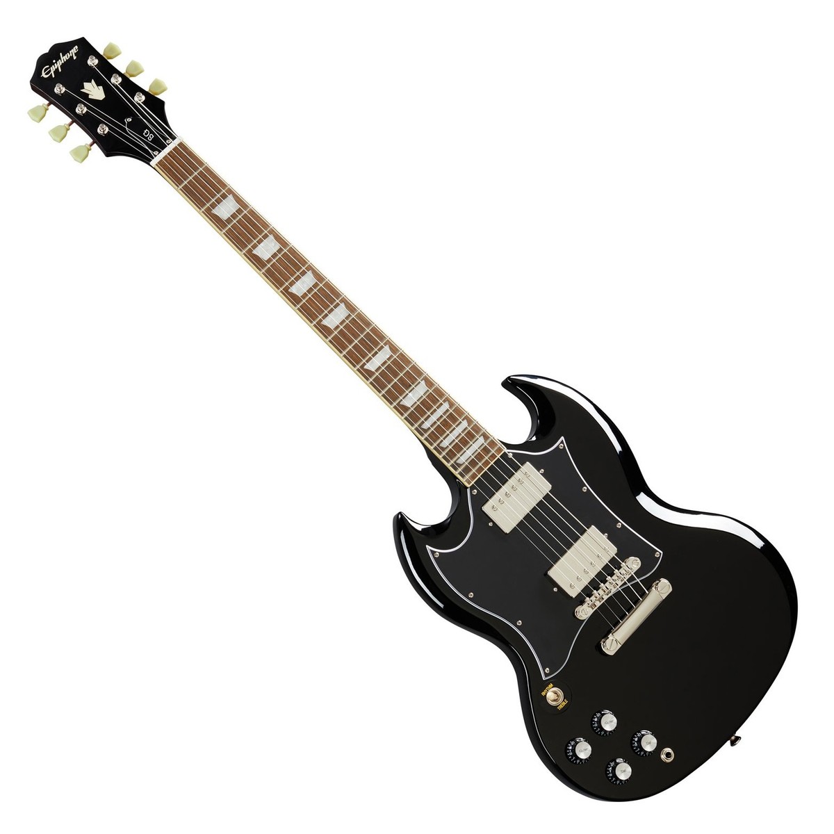 En bild på Epiphone SG Standard Vänsterhänt Ebony | SG:an. En gitarr vars rykte föregår den. Den vänsterhänta Epiphone SG Standard hyllar en av de mest berömda och igenkända gitarrerna i världen. Inspirerad av de legendariska Gibson-modellerna erbjuder den samma känsla och estetik till ett överkomligt pris. Alnico Classic PRO humbuckers sparkar ut en vild ton som är perfekt för allting rock n roll. Du kommer att älska hur denna gitarr ger dina riff liv. Och 60-talets SlimTaper mahognihals gör det lätt att spela. Från "batwing" plektrumskyddet till den ikoniska SG-kroppsformen som är så vördad av gitarrister kommer denna gitarr att få dig upp på scenen och rocka på nolltid.