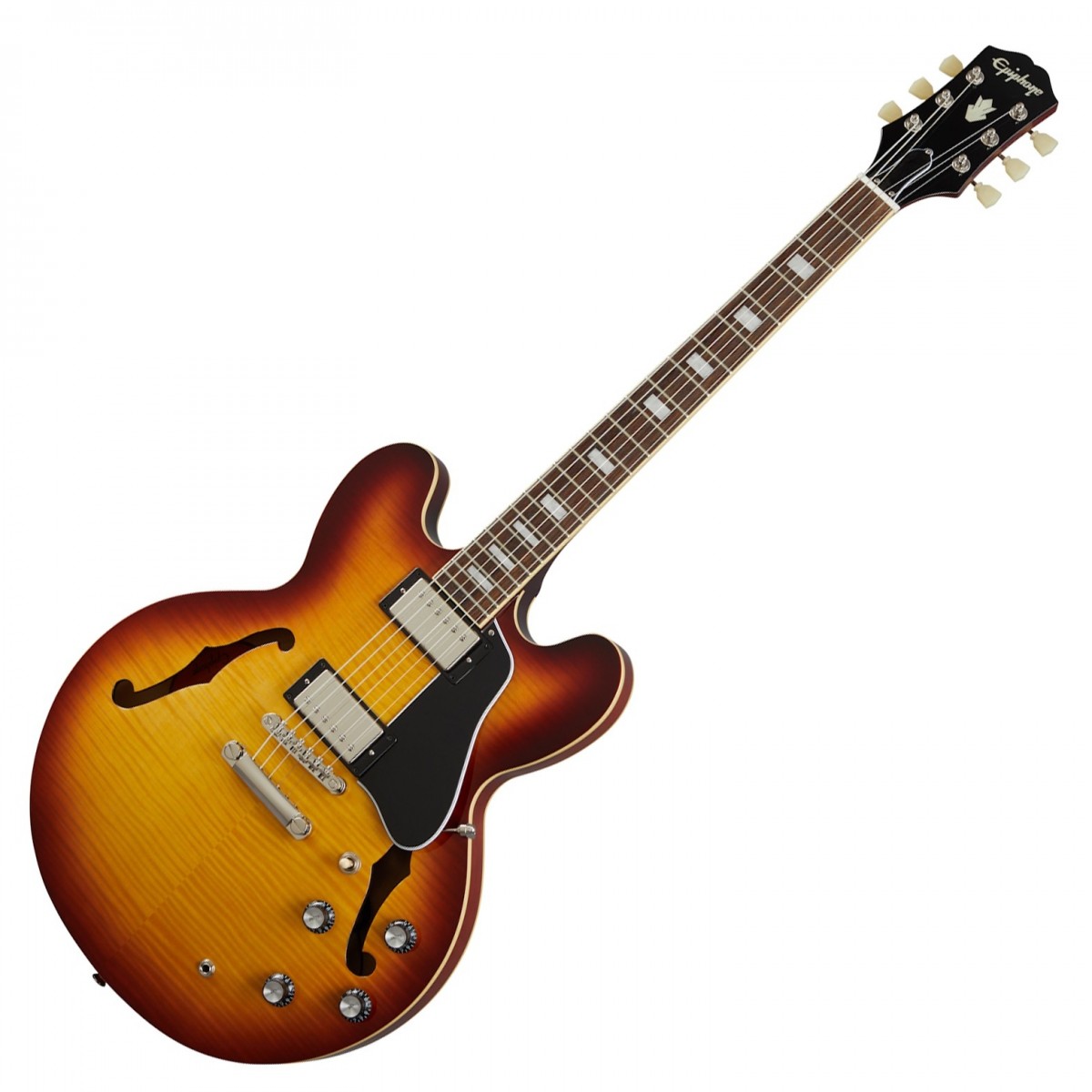 En bild på Epiphone ES-335 Figured Raspberry Tea Burst | Som en sonisk juvel. Epiphone ES-335 tar dina riff till en ny dimension med sin klassiska charm och klingande ståtliga ton. Ett par Alnico Classic PRO-humbuckers ger en hög effekt vilket får dina riff att låta fylliga och artikulerade samtidigt som de behåller den viktiga skärpan. Du kan också förvänta dig oändlig sustain och en enastående resonans Tack vare semi-hollow designen som hjälper solon att sjunga och ackord att ringa ut distinkt. Om en sak är säker så är det att du inte kommer att kunna lägga ner den här gitarren när du en gång hört hur fantastisk den.låter