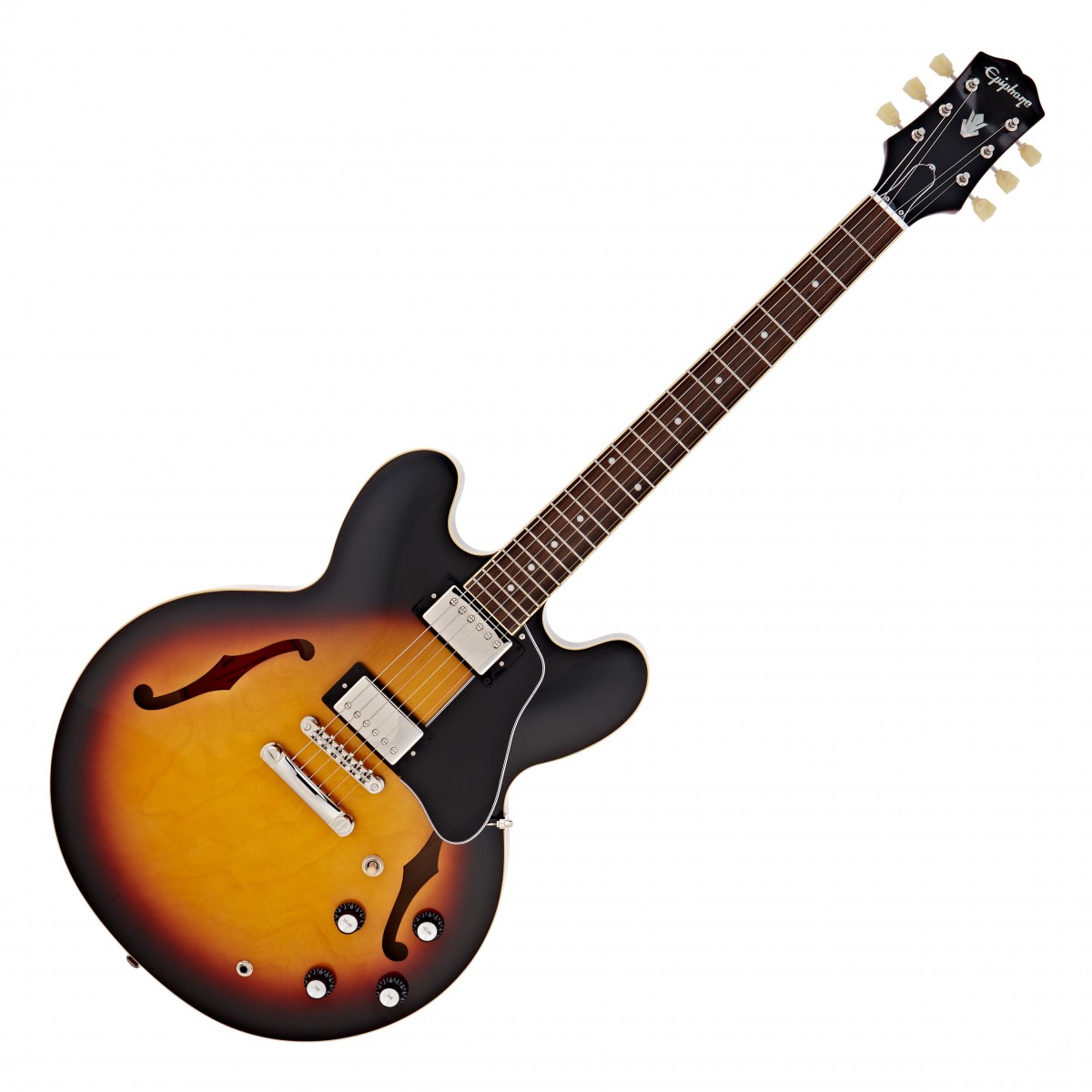 En bild på Epiphone ES-335 Vintage Sunburst | Som en sonisk juvel. Epiphone ES-335 tar dina riff till en ny dimension med sin klassiska charm och klingande ståtliga ton. Ett par Alnico Classic PRO-humbuckers ger en hög effekt vilket får dina riff att låta fylliga och artikulerade samtidigt som de behåller den viktiga skärpan. Du kan också förvänta dig oändlig sustain och en enastående resonans Tack vare semi-hollow designen som hjälper solon att sjunga och ackord att ringa ut distinkt. Om en sak är säker så är det att du inte kommer att kunna lägga ner den här gitarren när du en gång hört hur fantastisk den.låter