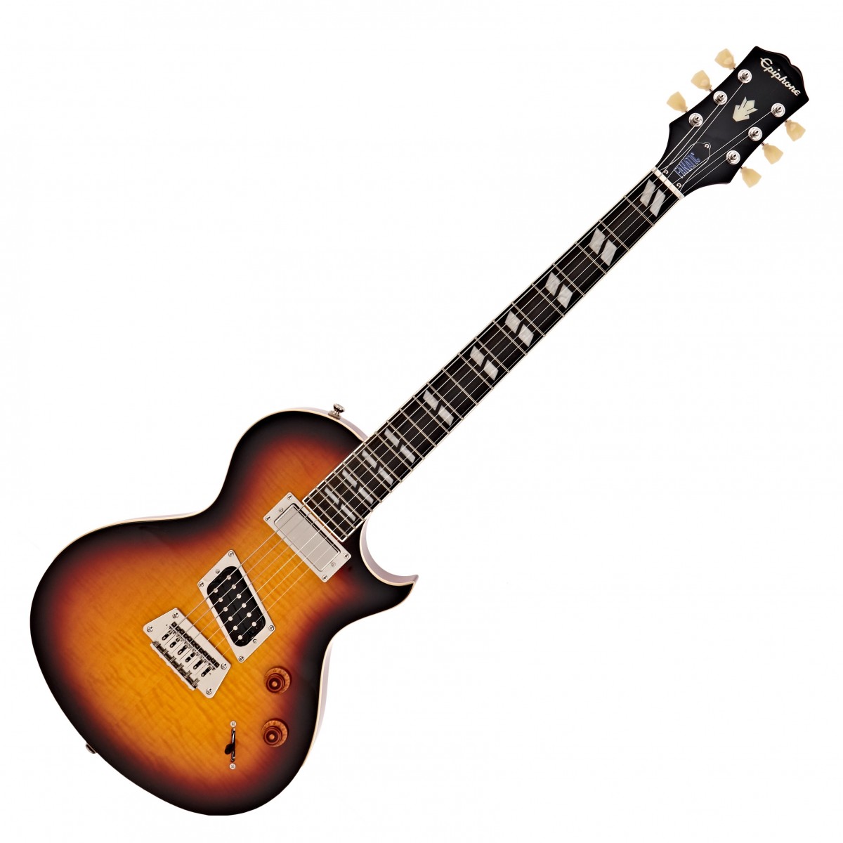 En bild på Epiphone Nancy Wilson Fanatic Outfit Fireburst | Galen på gitarr eller hur ? Epiphone Nancy Wilson Fanatic Outfit låter dig skapa riff som om världen var nära sitt slut. Denna gura erbjuder slagkraftiga kraftfulla ProBucker humbuckers som sjuder ut med sina mångsidiga dynamiska toner - perfekt för att rocka. Den har dessutom en jämn C-formad mahognihals och en fantastiskt slät greppbräda i ebenholts - din hand kommer att känns som om den är på en drömbåt. Nighthawk-kroppsformen tillsammans med den vackra eldstarka högblanka ytan fulländar showen och ger denna gitarr sitt skarpa eleganta professionella utseende. Se djupt in i ditt hjärta så kommer du att inse att detta är gitarren du skådat i dina drömmar.