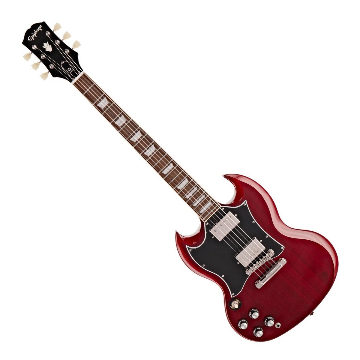 En bild på Epiphone SG Standard Left Handed Cherry | SGn. En gitarr vars rykte föregår den. Den vänsterhänta Epiphone SG Standard hyllar en av de mest berömda och igenkända gitarrerna i världen. Inspirerad av de legendariska Gibson-modellerna erbjuder den samma känsla och estetik till ett överkomligt pris. Alnico Classic PRO humbuckers sparkar ut en vild ton som är perfekt för allting rock n roll. Du kommer att älska hur denna gitarr ger dina riff liv. Och 60-talets SlimTaper mahognihals gör det lätt att spela. Från "batwing" plektrumskyddet till den ikoniska SG-kroppsformen som är så vördad av gitarrister kommer denna gitarr att få dig upp på scenen och rocka på nolltid.